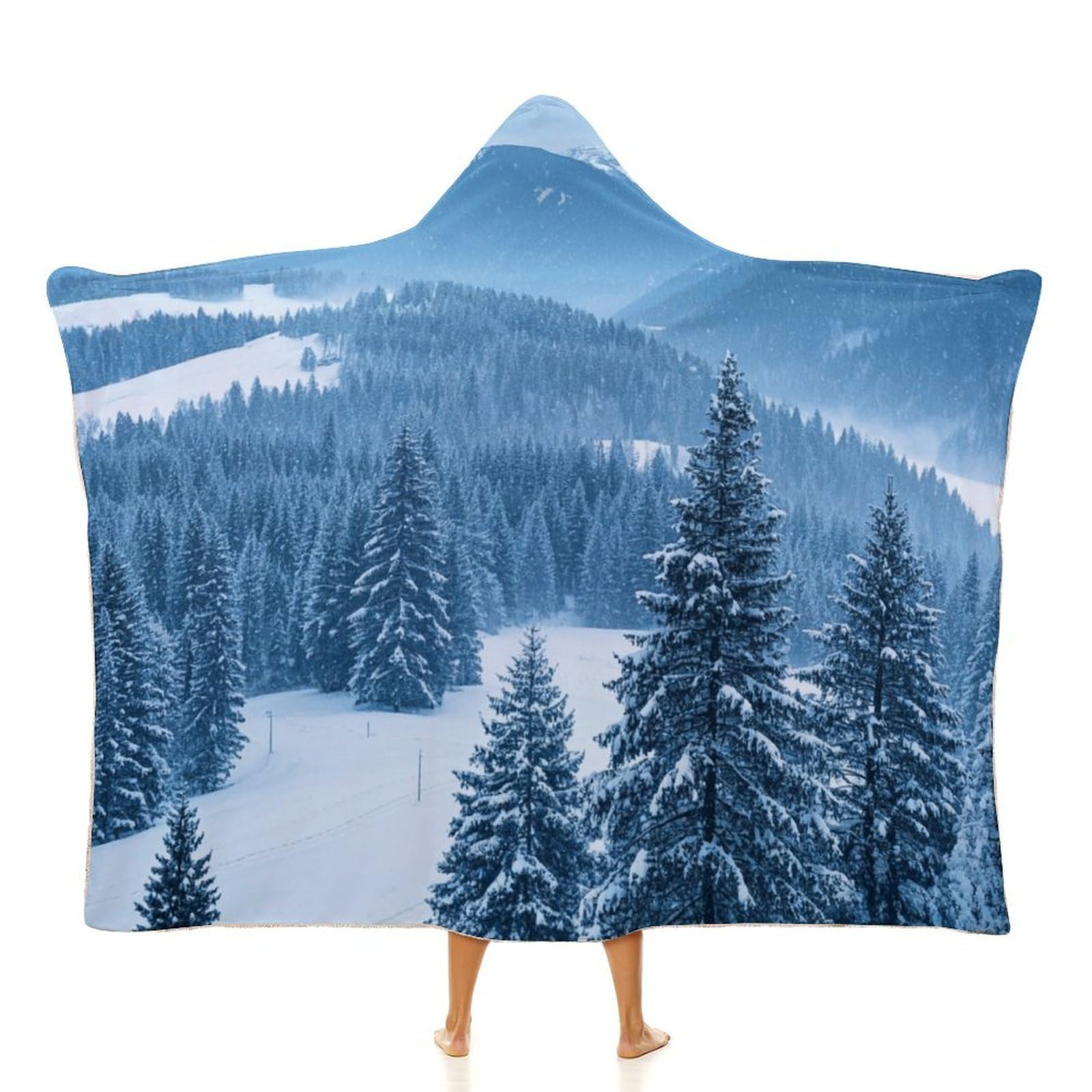 Manta poncho envolvente de gran tamaño, suave y cálida, manta para adultos, manta de pino, nieve, montaña, sudadera con capucha