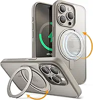JETech Capa de Anel Giratório de 360 Graus para iPhone 15 Pro Max 6,7 Polegadas Compatível com MagSafe, Case de Telefone Fina à Prova de Choque com Suporte & Suporte de Anel (Titânio Natural)