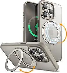 JETech Capa de Anel Giratório de 360 Graus para iPhone 15 Pro Max 6,7 Polegadas Compatível com MagSafe, Case de Telefone Fina à Prova de Choque com Suporte & Suporte de Anel (Titânio Natural)