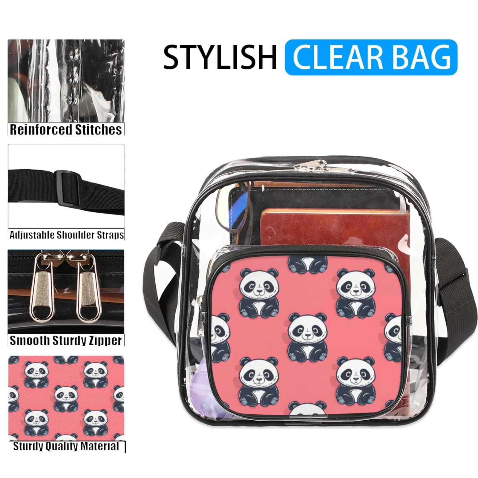 Clear Crossbody Bag Stadium Approved Cartoon Pandas Transparent Bag for Festivals, Sports Events, Concerts,Beach Bag for Women Men Clear Purse with Front Pocket Messenger Bag with Adjustable Strap