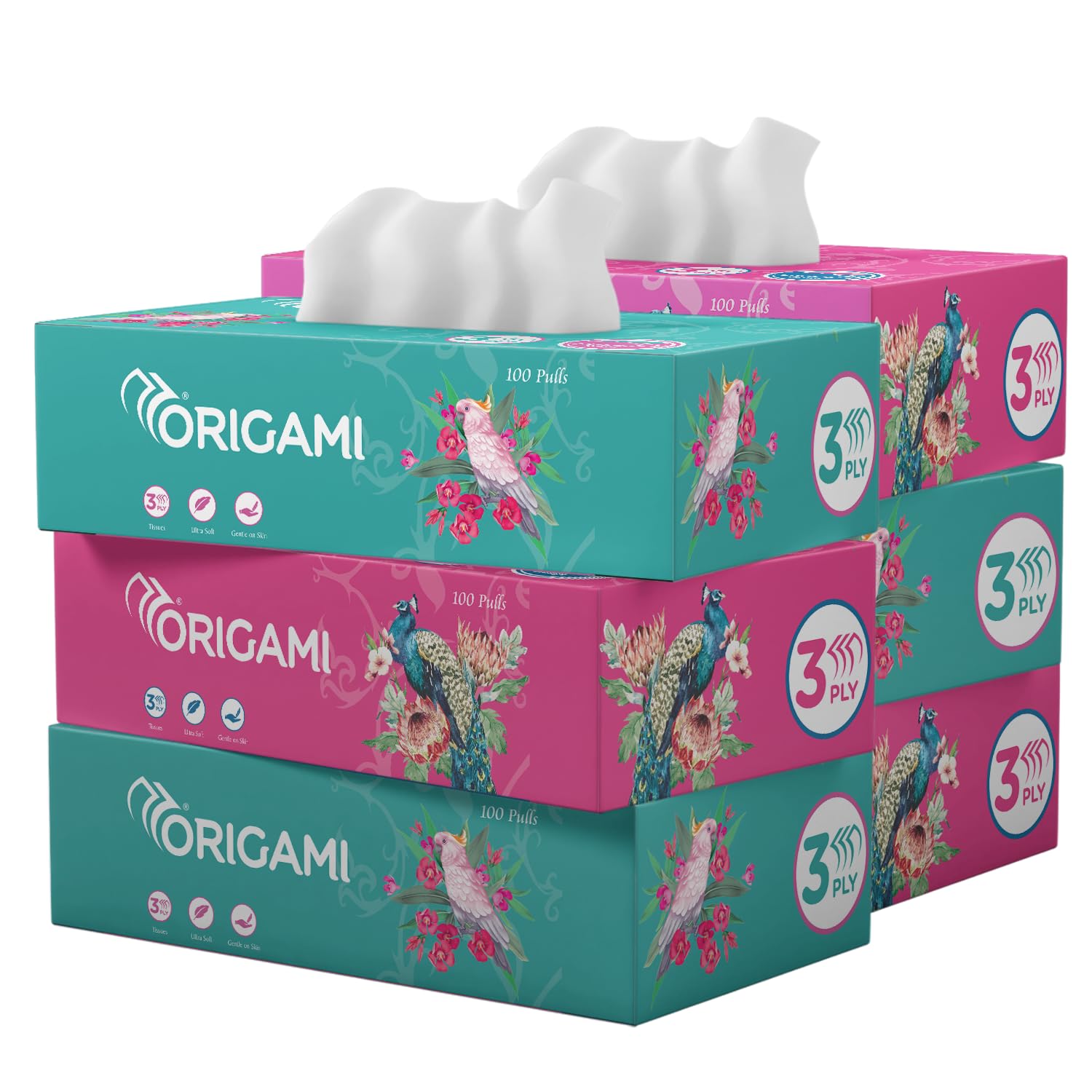 Origami 3 Ply Premium Facial Tissue Box | Car Tissue - Pack of 6 (100 Pulls Per Box, 600 Sheets)