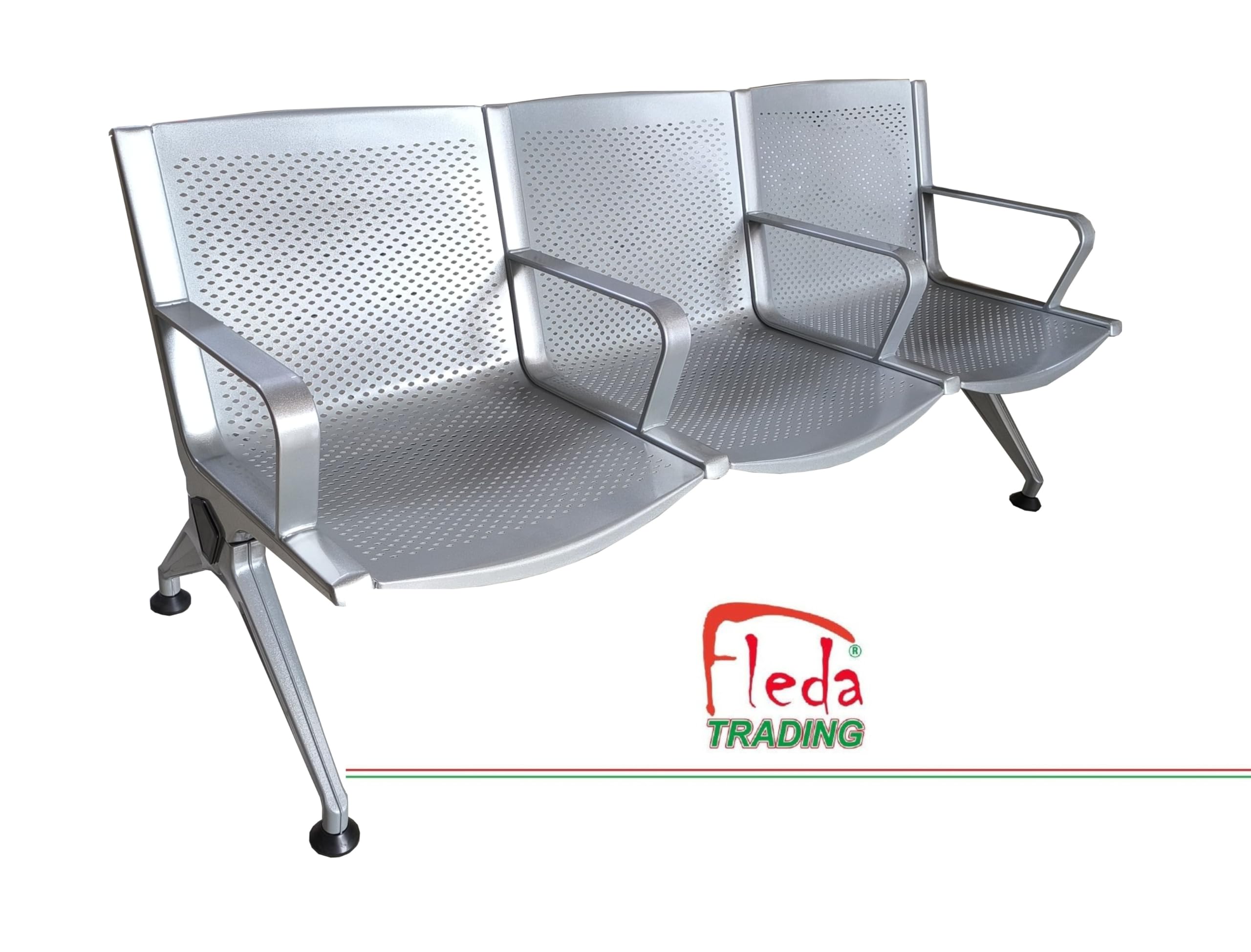 Panca in Metallo per Sala d'Attesa 3 Posti, Sedute Ufficio in Acciaio Verniciato Grigio con Lamiera Traforata Sagomata, Design Elegante e Moderno per Studio Professionale, 175x68x77 cm