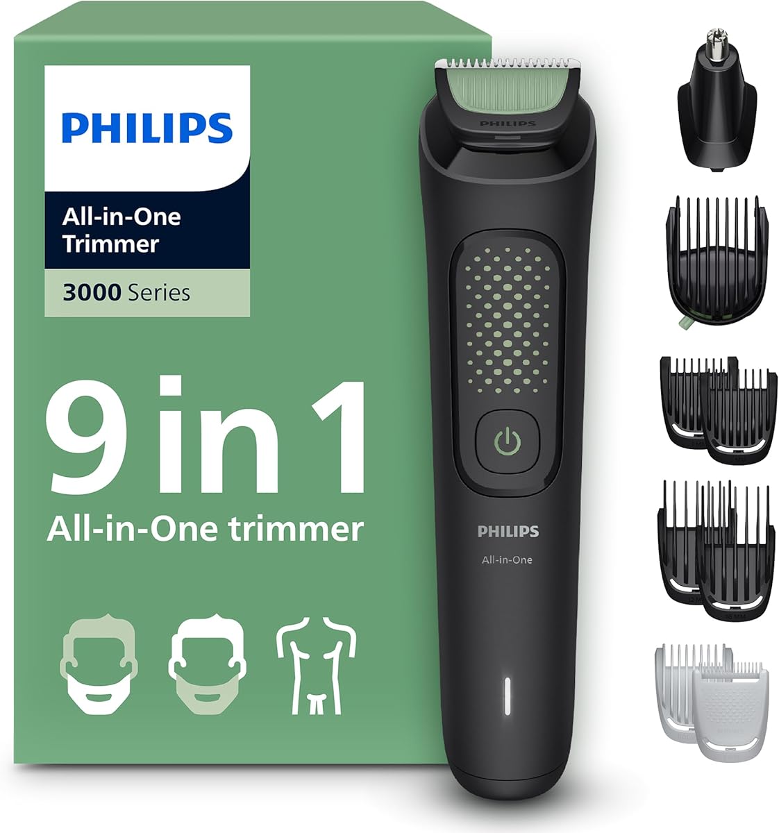 Philips Multigroom 3000er-Serie All-in-One 9-teiliger Trimmer: Rasierer und Haarschneider für Gesicht, Kopf und Körper, selbstschärfende hautfreundliche Klingen, zwölf Längeneinstellungen, MG3946/15