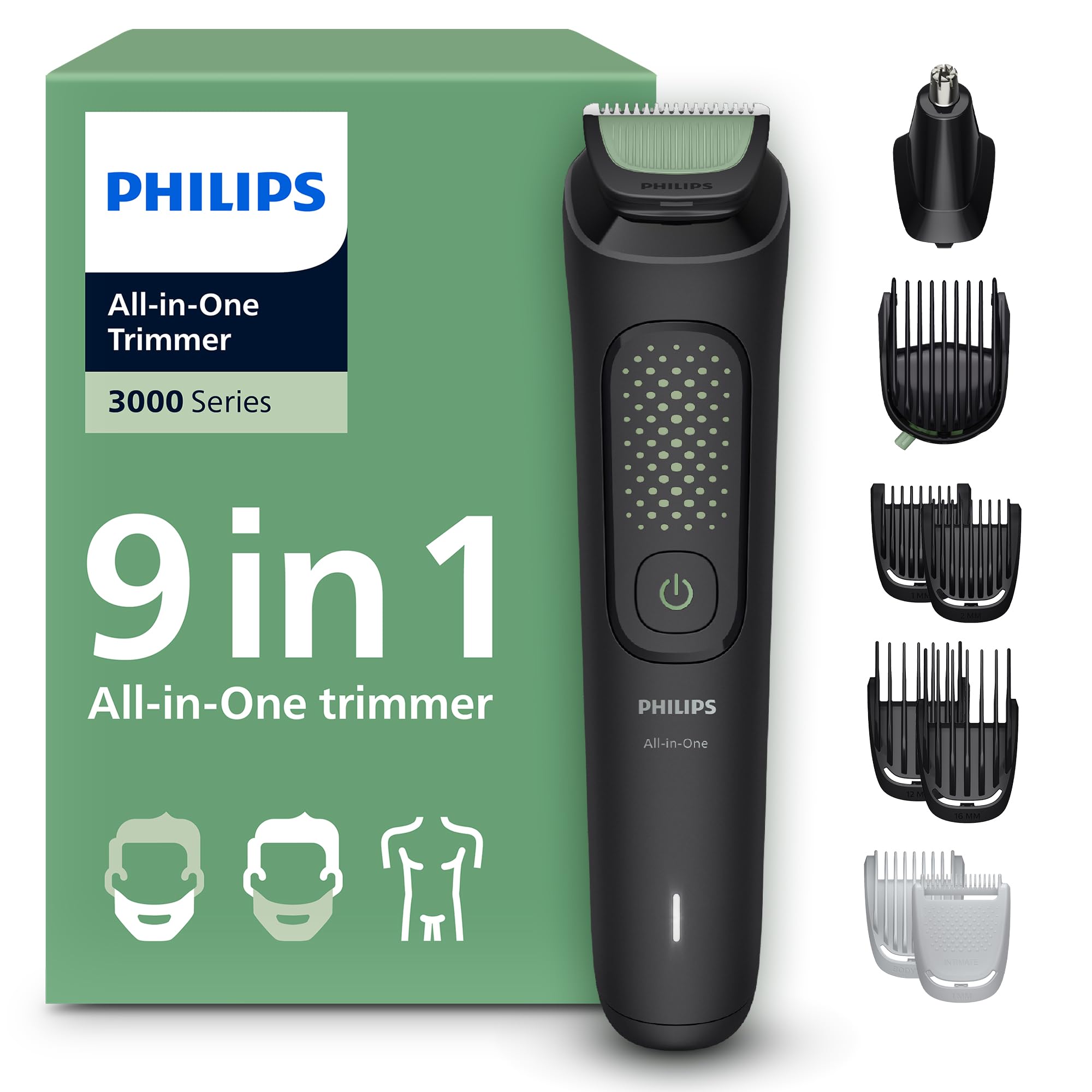 Rifinitore Philips Multigroom serie 3000 tutto in uno 9 in 1 - Rifinitore per barba, capelli e corpo, lame autoaffilanti delicate sulla pelle, 12 impostazioni di lunghezza, Modello MG3946/15