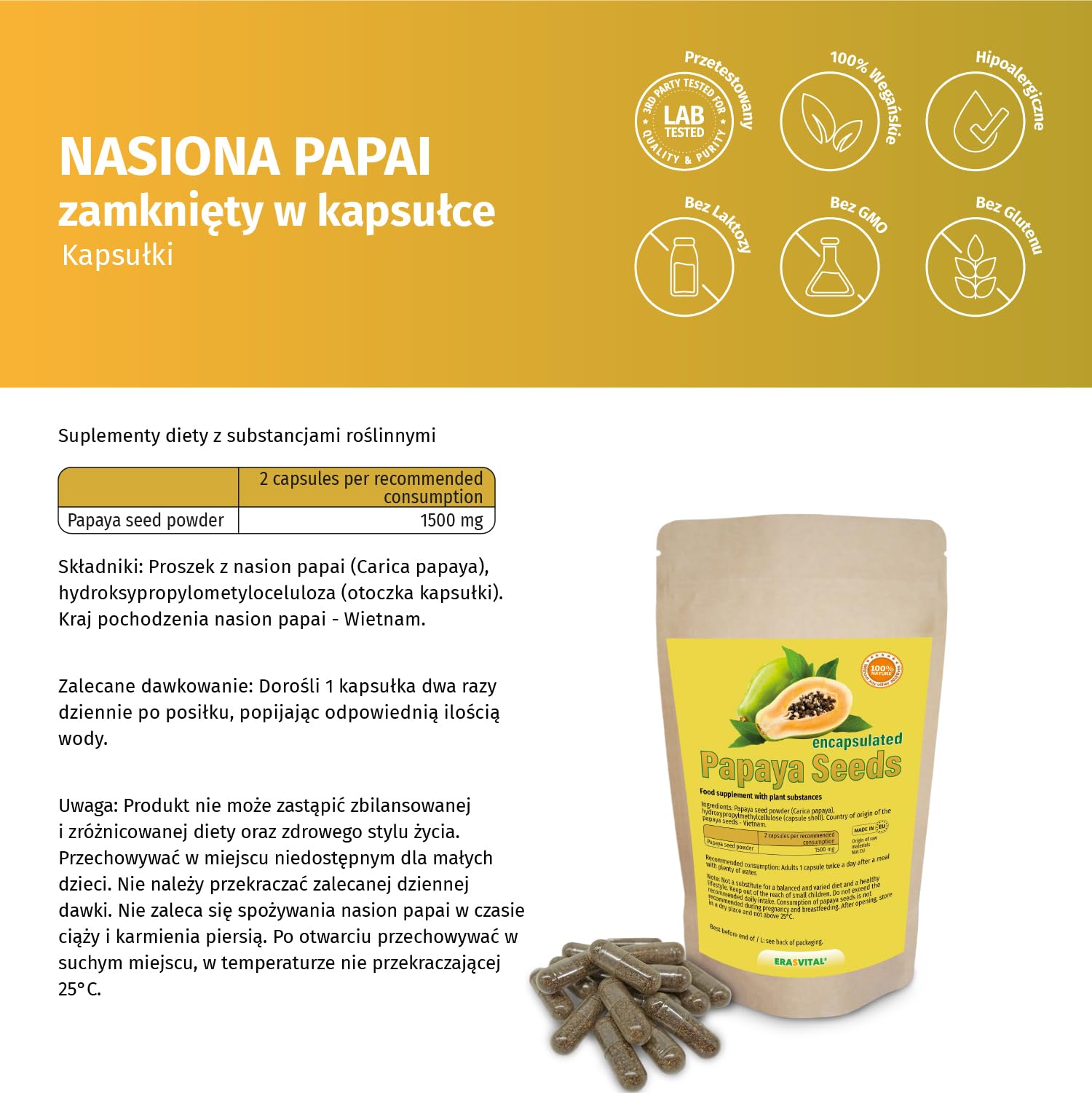 Nasiona papai w kapsułkach, papaja, uwaga: nie są to nasiona hybrydowe, surowa żywność wegańska (270 szt. (1 opakowanie))