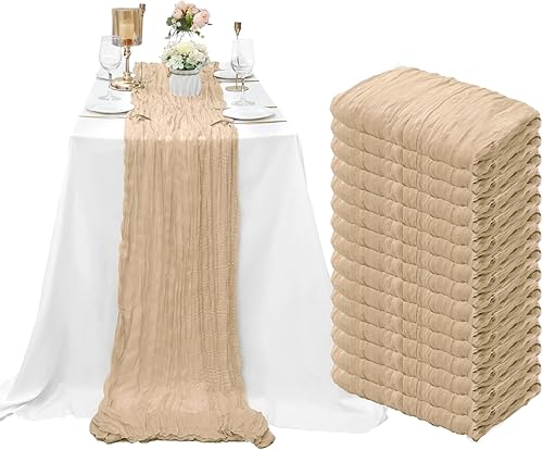 Paquete de 15 caminos de mesa de gasa beige de 10 pies, 35 x 120 pulgadas, camino de mesa bohemio romántico para boda, fiesta de cumpleaños,