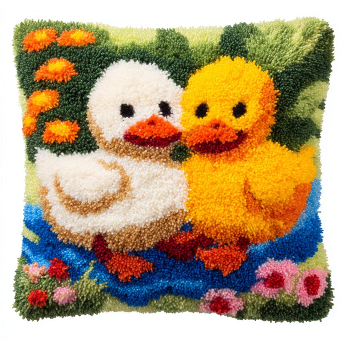 Kitquiver Animal Latch Hook Cushion Craft Kits Cartoon Duck DIY Latch Hook Kits Pillow Needlepoint Cushion Kit for Home Décor Needlework Set for Adult Beginners 17x17In