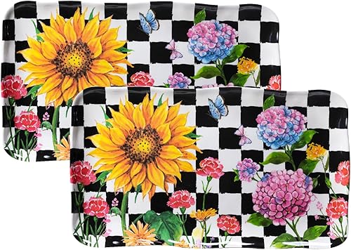 LEHAHA Bandeja rectangular de melamina con girasol, juego de 2 platos para servir hortensias de 17.5 x 10 pulgadas, juegos de bandejas coloridas