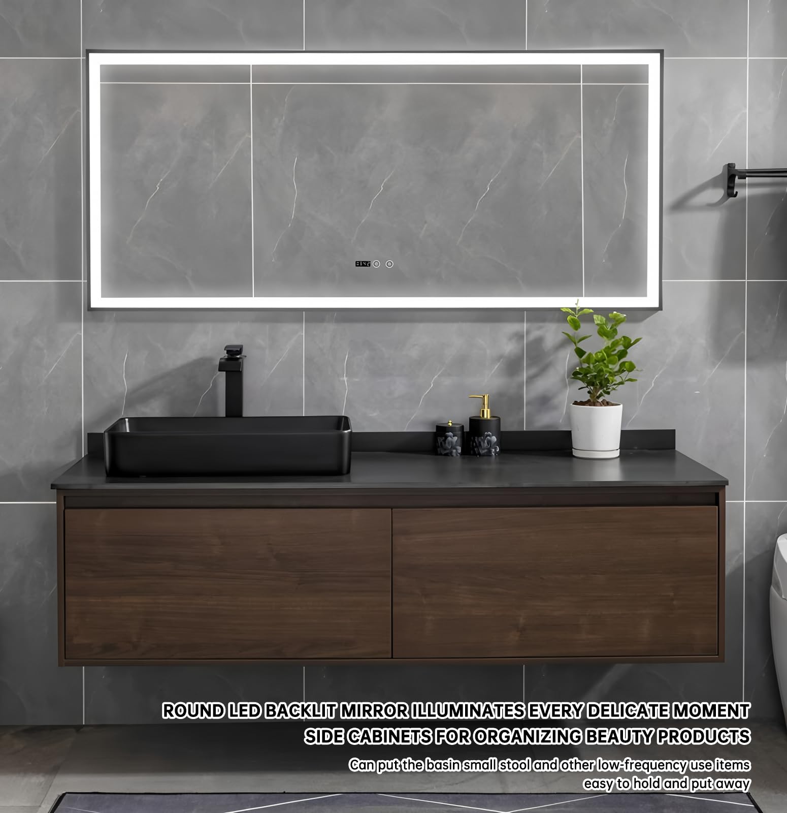 Juego de baño montado en la pared de 52 pulgadas con espejo LED inteligente antivaho impermeable, gabinete de madera maciza, lavabo negro y encimera para baños modernos