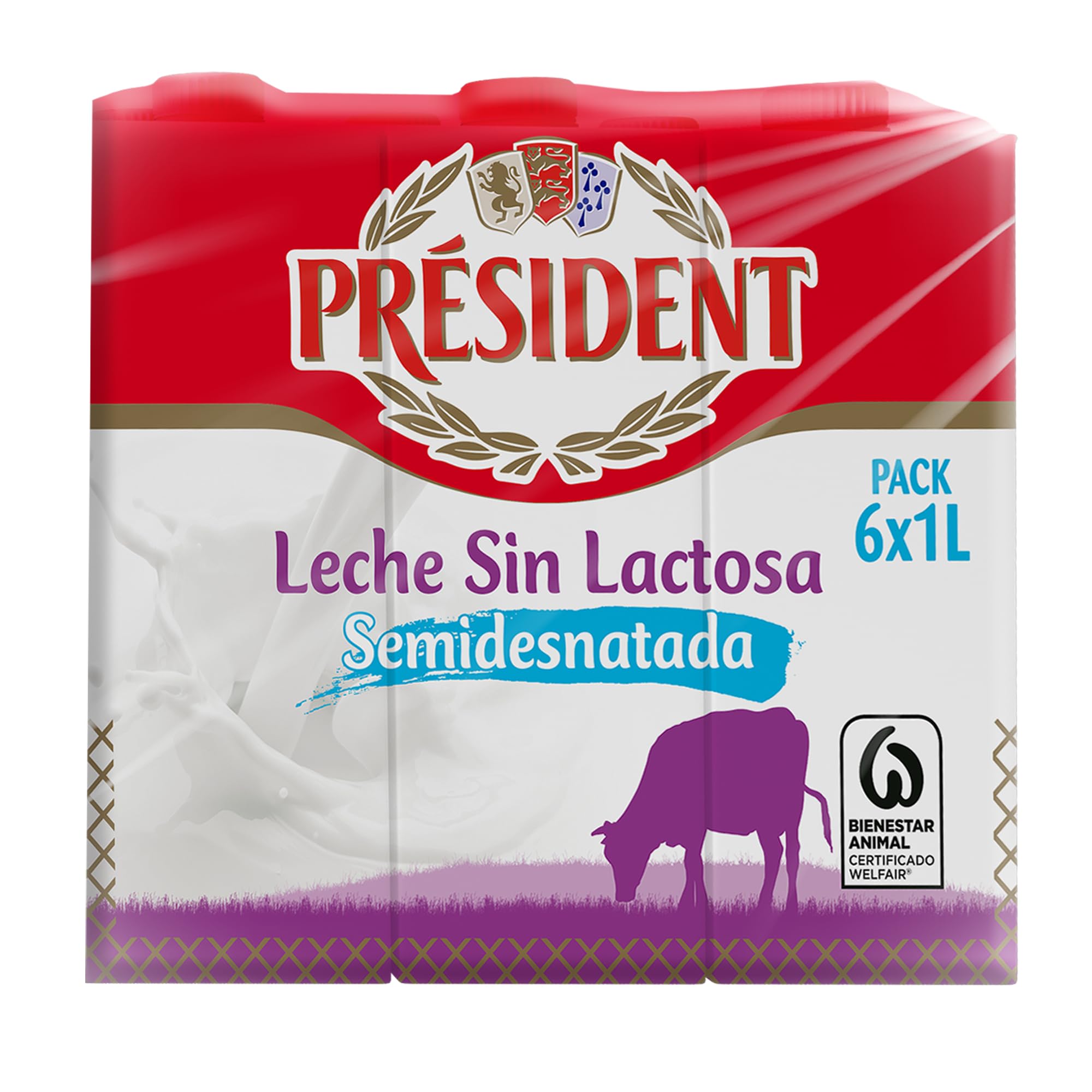 Président Leche Semidesnatada Sin Lactosa UHT Natural de Galicia Pack 6 x 1 L