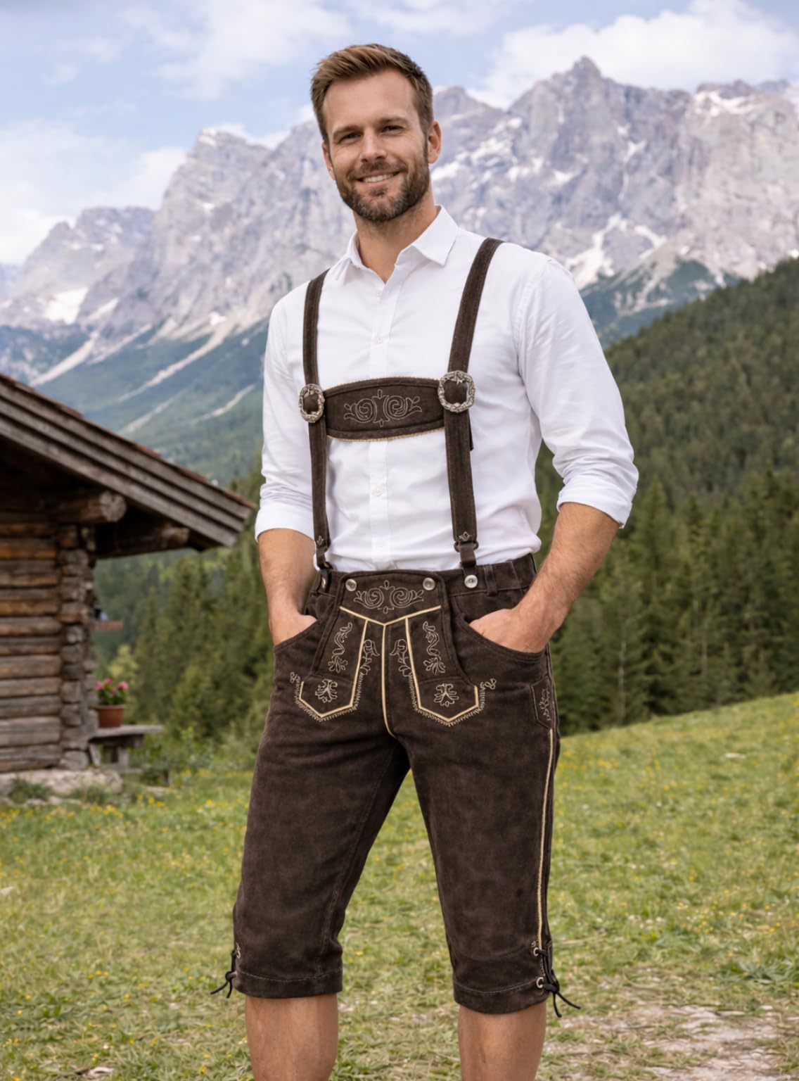 PAULGOS Herren Trachten Lederhose + Träger, Echtes Leder, Kniebund Übergröße in 4 Farben Gr. 44-72