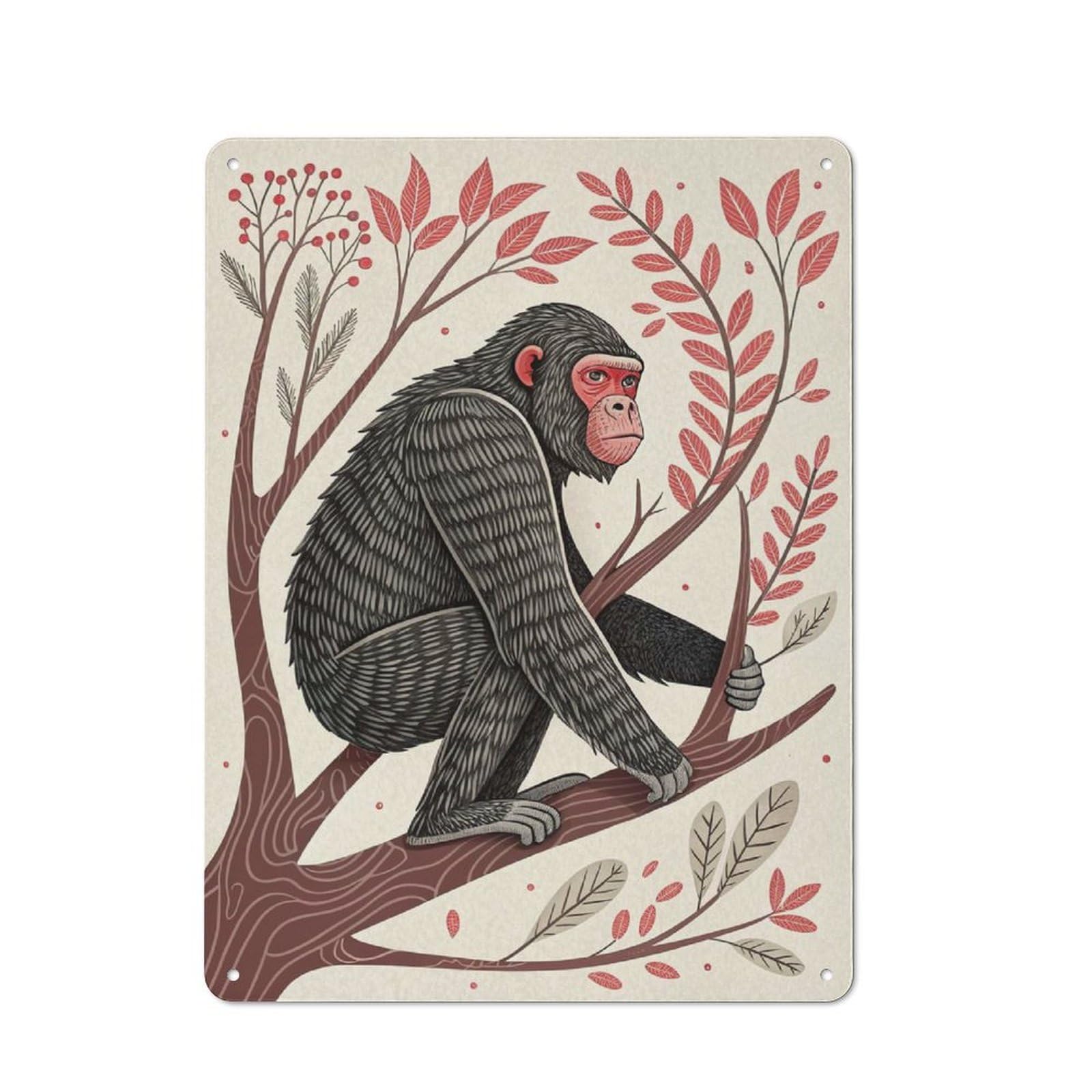 Junmoney Style-4 Tin Wall Plaque 40X30cm With Chimpanzee Sitting On A Tree Branch For Hobby Room Or Studio, For Kitchen, Dining Room And Home Bar Wall Decor