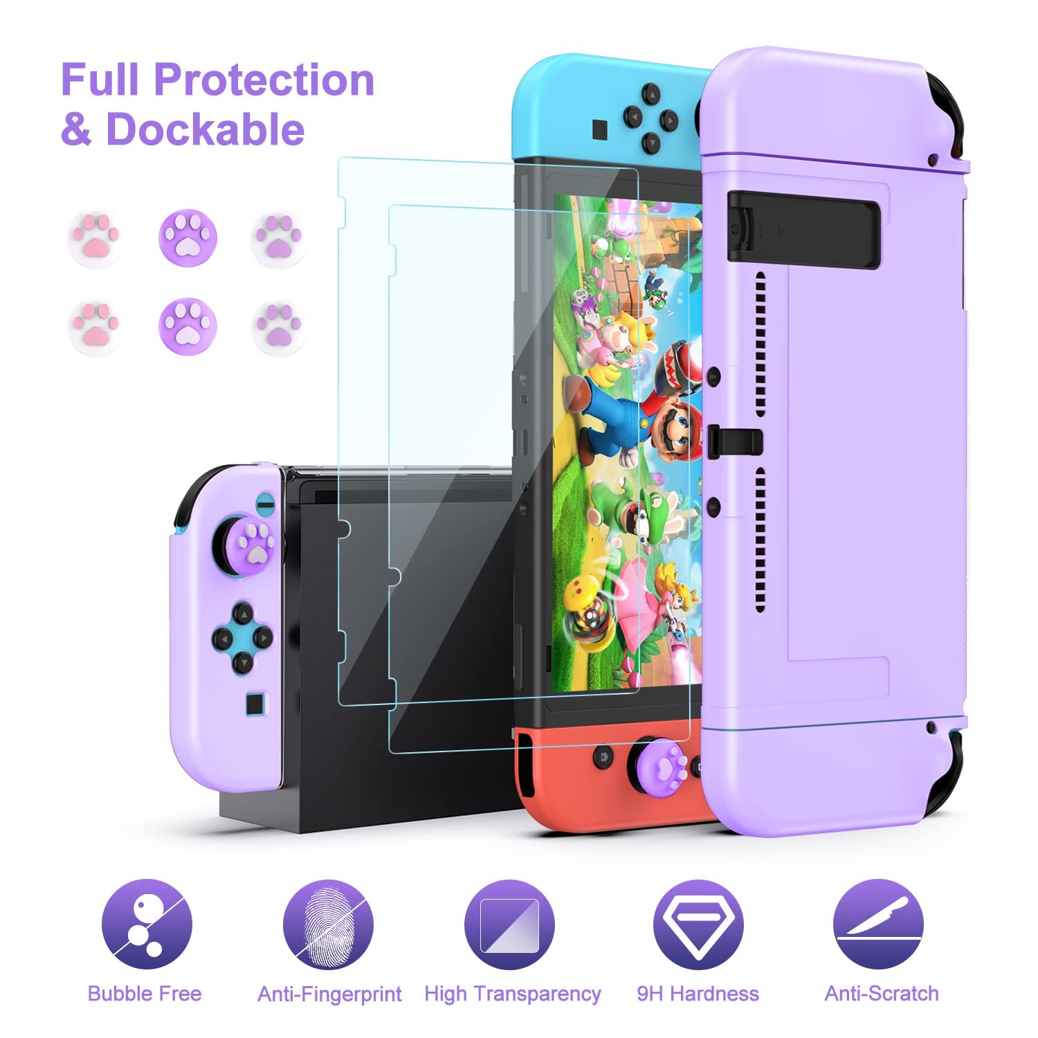 innoAura Switch Case 19-in-1 Bundle for NS Switch (2017), with Carrying Case, Game Organizer, Screen Protector, Stand and Thumb Grips, Purple - Image 6