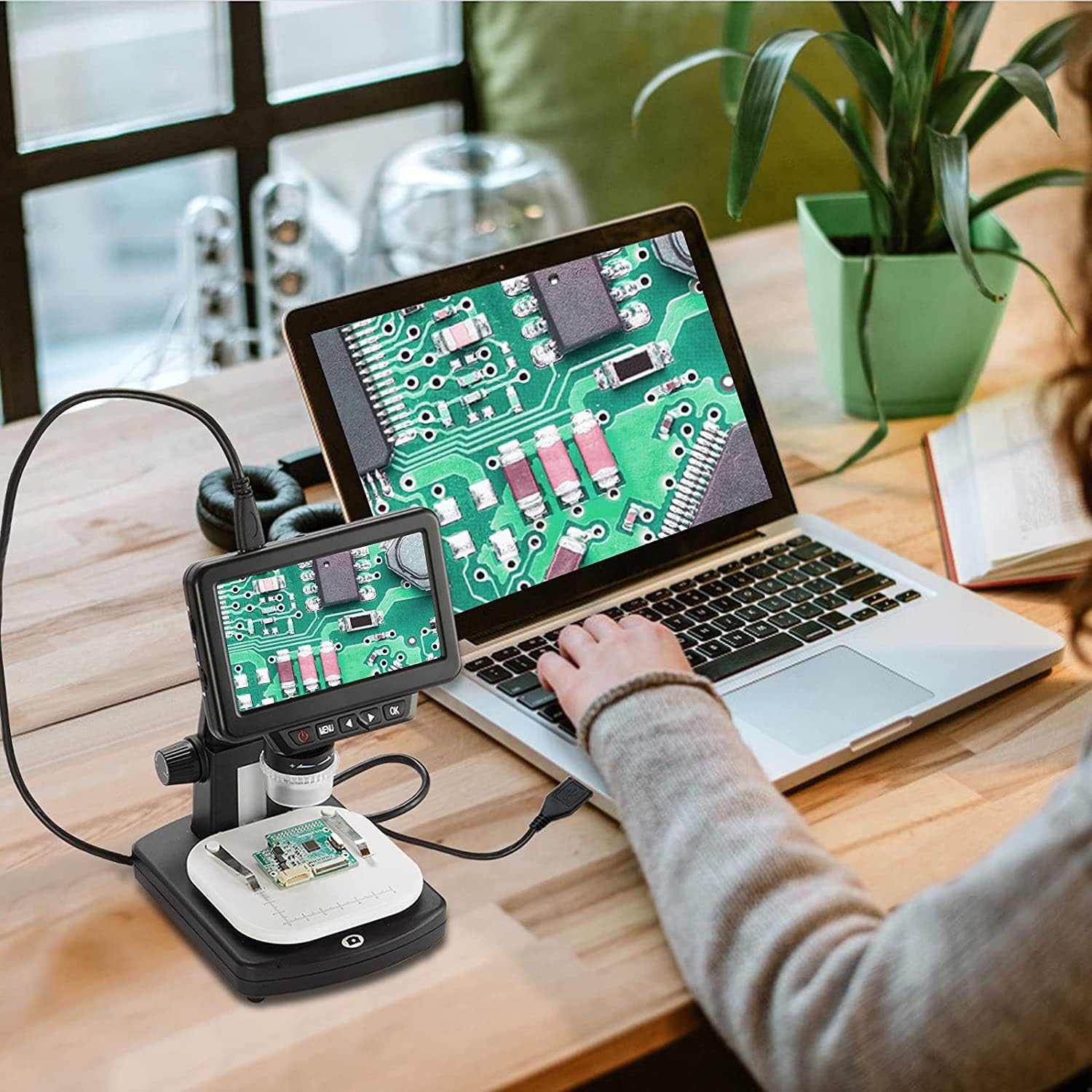 1500X Magnification Digital Microscope, 5 Inch Digital Microscope, 10-1500x Magnification Camera, with 8 Adjustable LED Lights, 32GB, for Kids and Adults for Coin,Stamps,Plants,Soldering