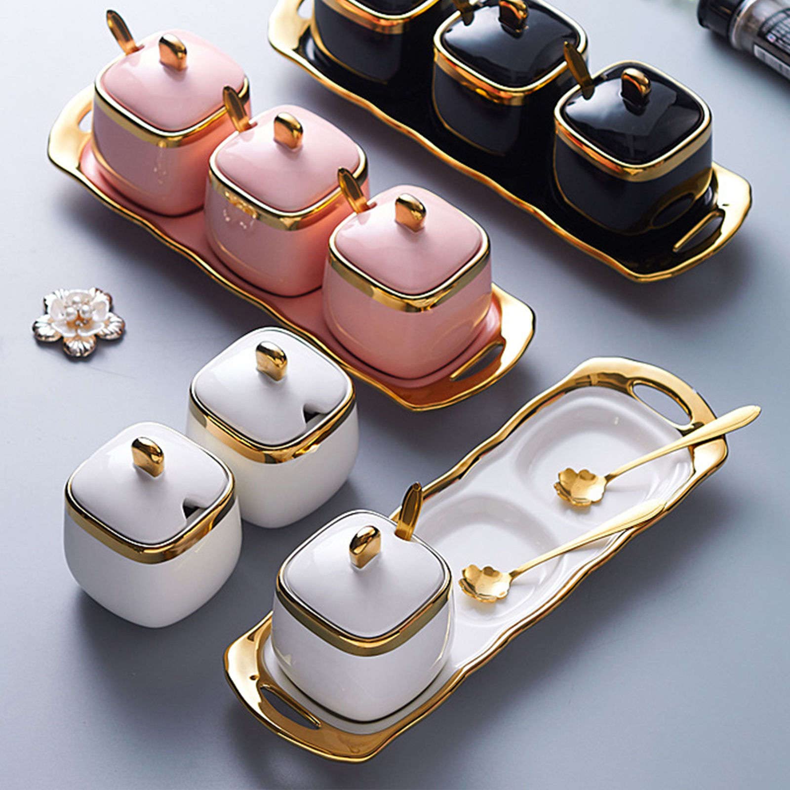 Sucrier en céramique avec couvercle et cuillère, sucrier Phnom Penh avec couvercle et cuillère, 3 ensembles de pots à sucre, pots à épices, pots à sel, pots à sucre en céramique colorés - Rouge - 3 en