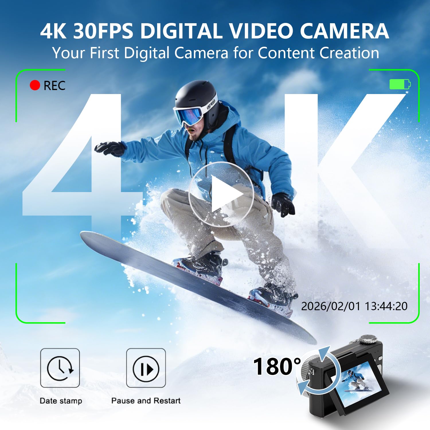 4K Digitalkamera für Fotografie, 64MP, Autofokus, 18X Digitalzoom, 3 Zoll 180° Flipscreen, kompakte Reisekamera, inklusive 32GB SD-Karte