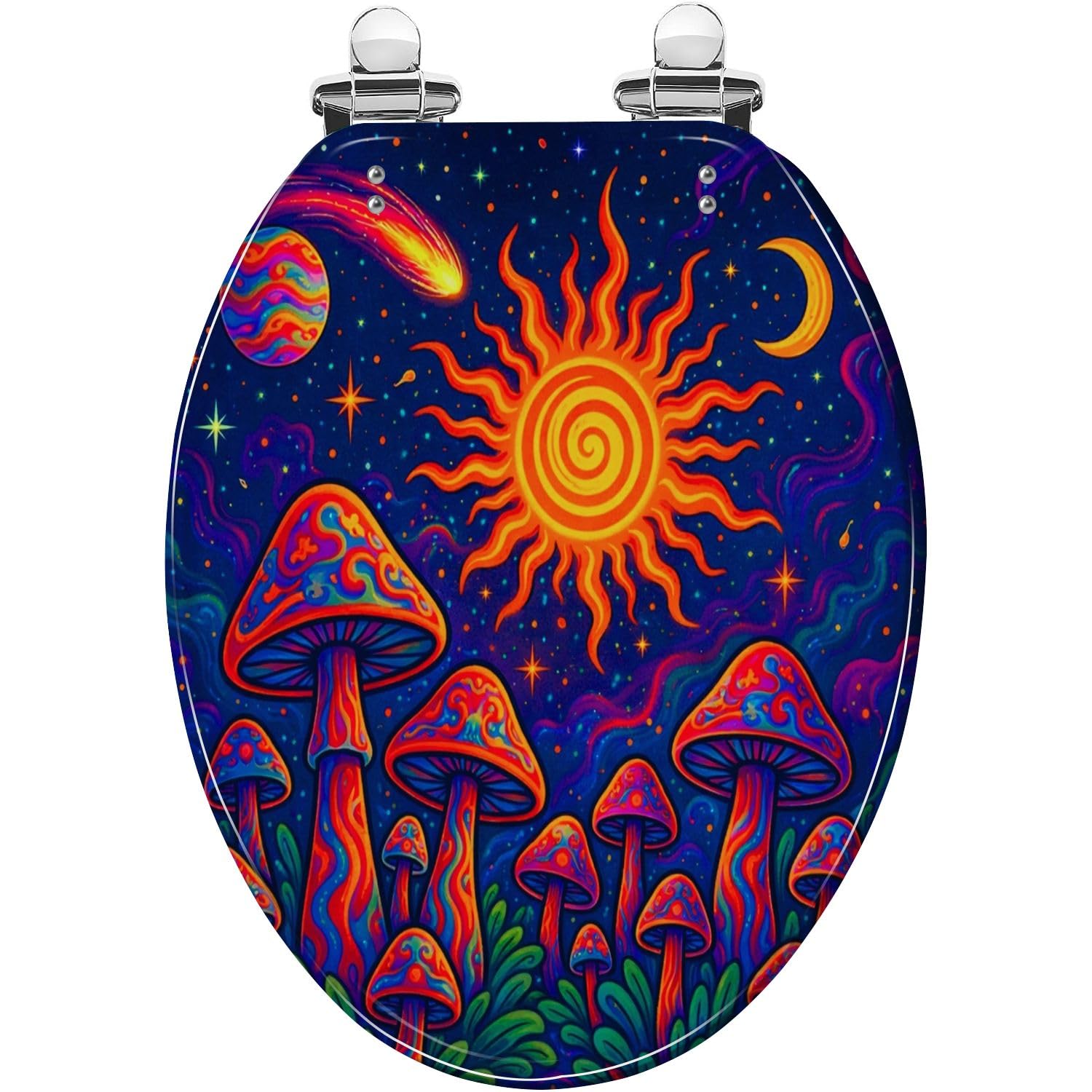 Psychedelic Toilet seat, Cosmic Stars Hinges Easy Install, Adjustable, Lightweight, Durable, Portable, User-Friendly, Compact, Decorative, Resin, Elongated, Mushroom, Landscape