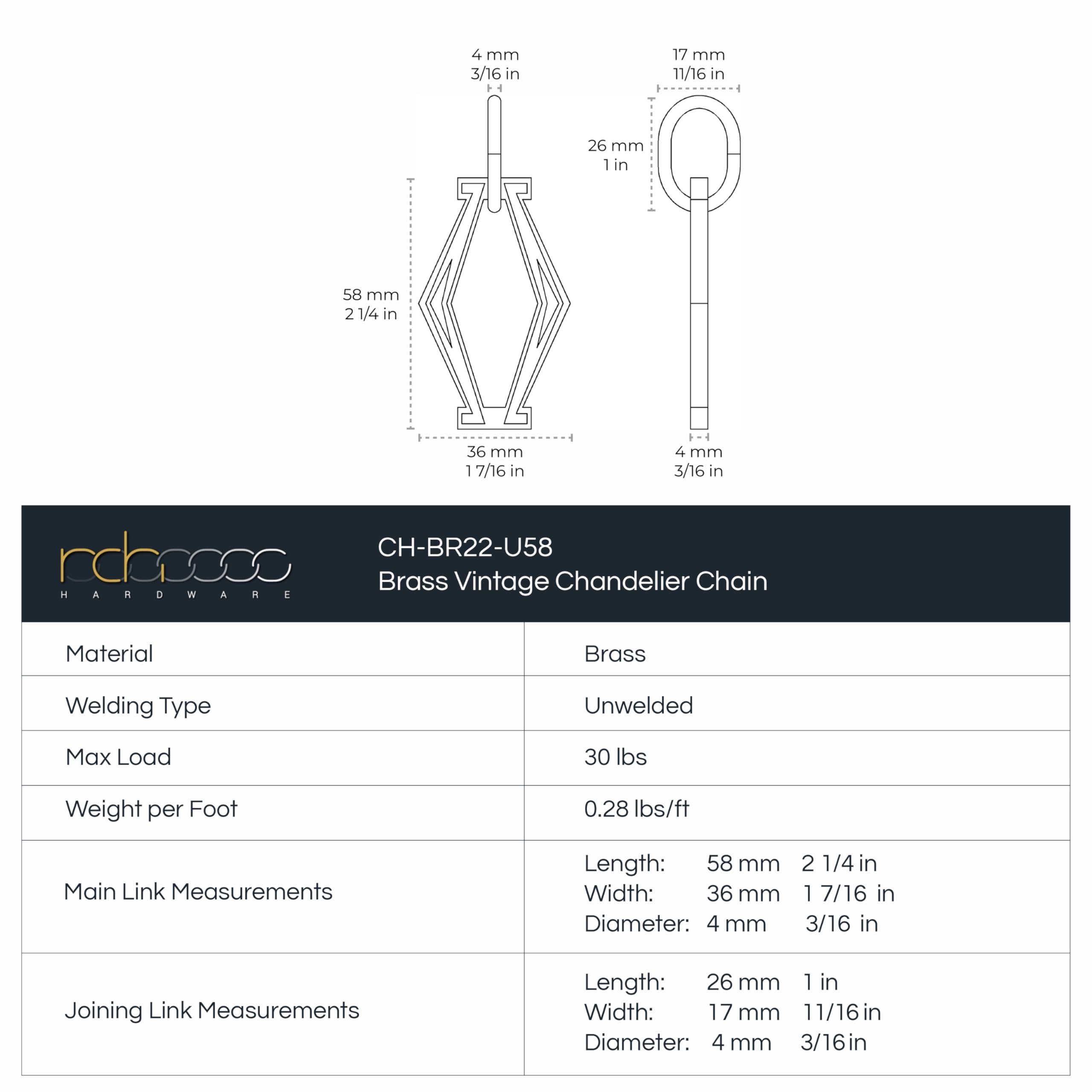 RCH Hardware CH-BR02-W Brass Chandelier Chain, Various Finishes