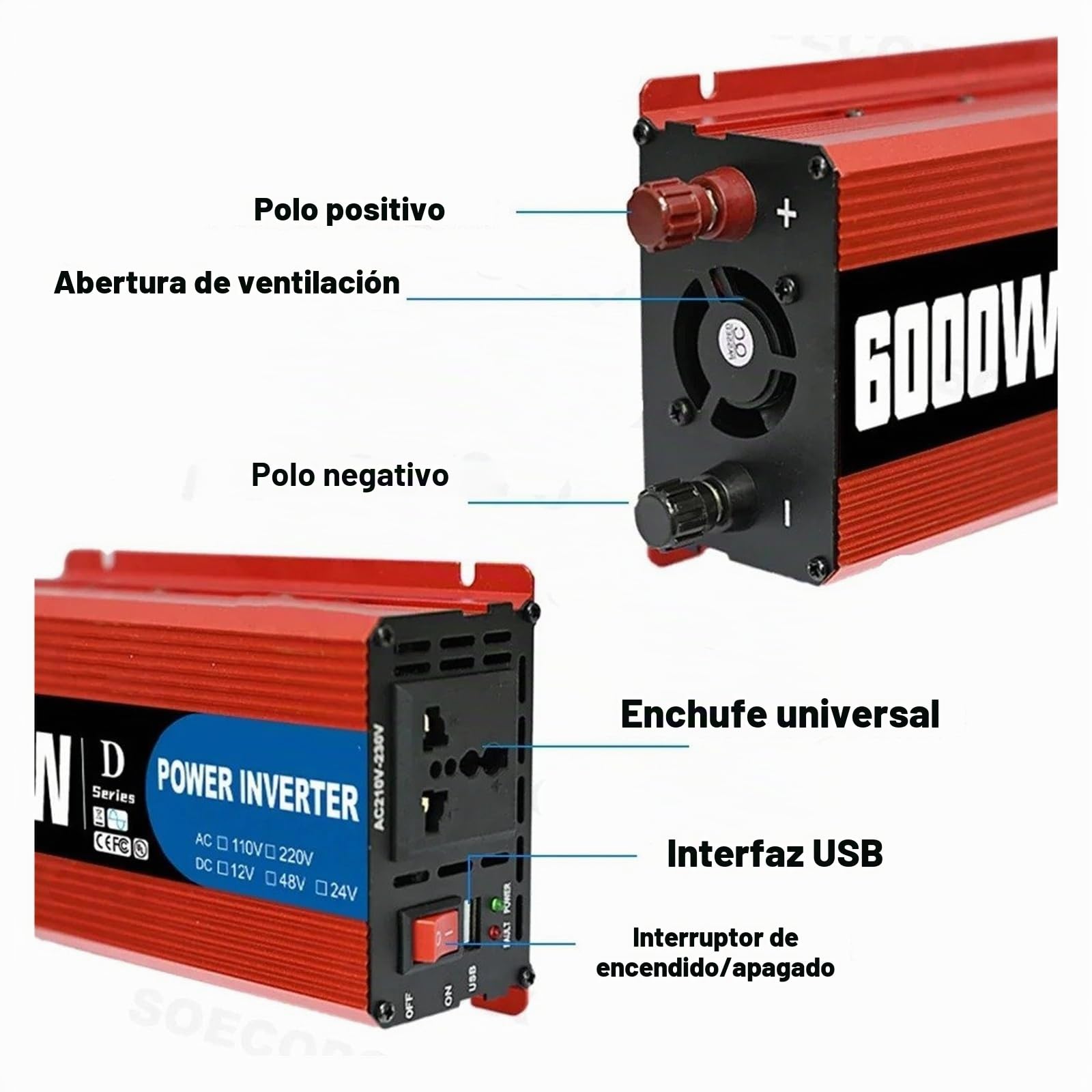Inversor Potencia Inversor Inteligente Portátil 6000W 12V/24V/48V 110V/220V CA Puerto USB Abrazaderas Cocodrilo Camiones RV Todo Mundo Certificación CE Convertidor(48V,220V 50Hz)
