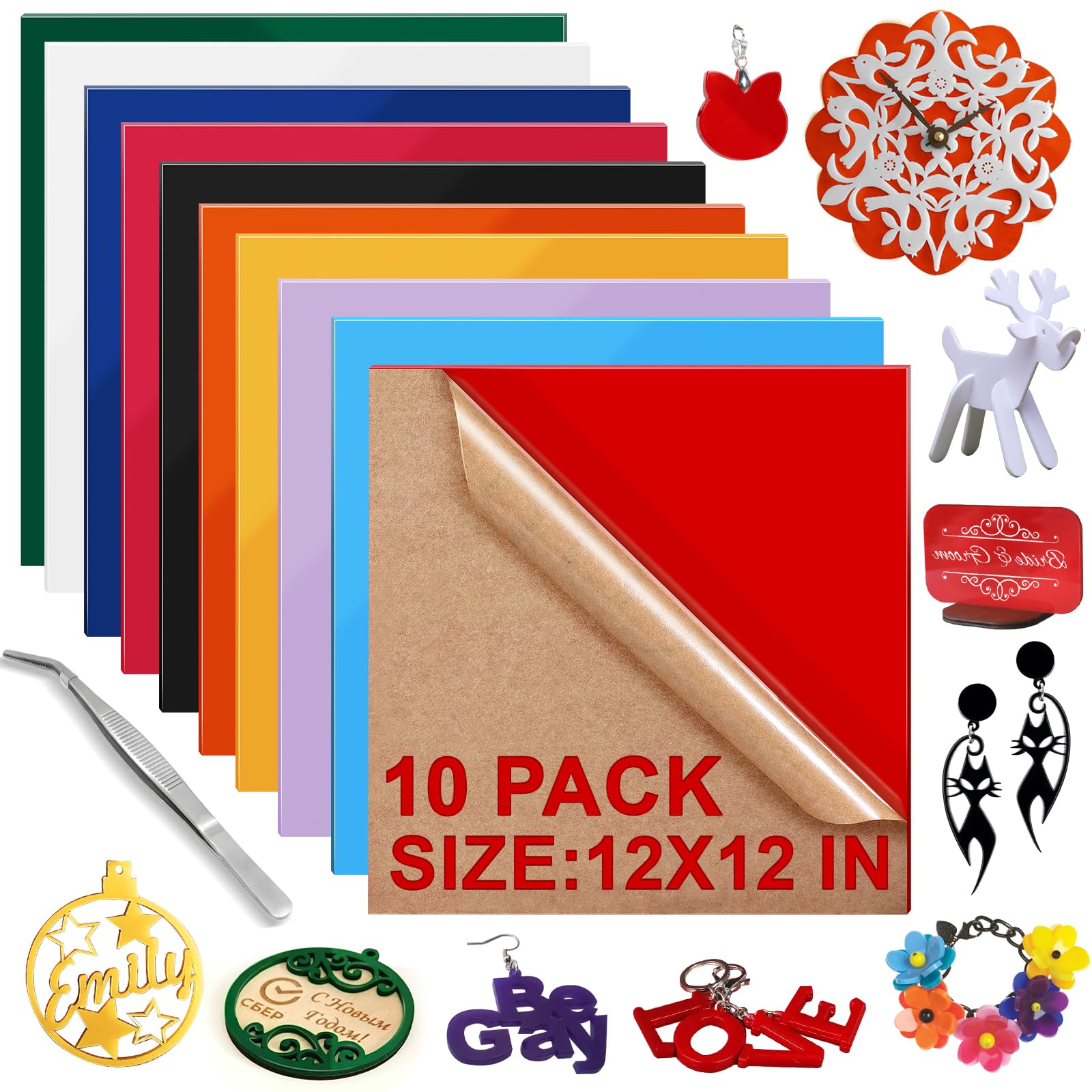 Hojas acrílicas a granel, 10 unidades, 12 x 12 x 1/8 pulgadas de grosor, 3 mm, para grabado láser, corte, carteles, etiquetas de mascotas, joyas, decoración del hogar, marcos de fotos