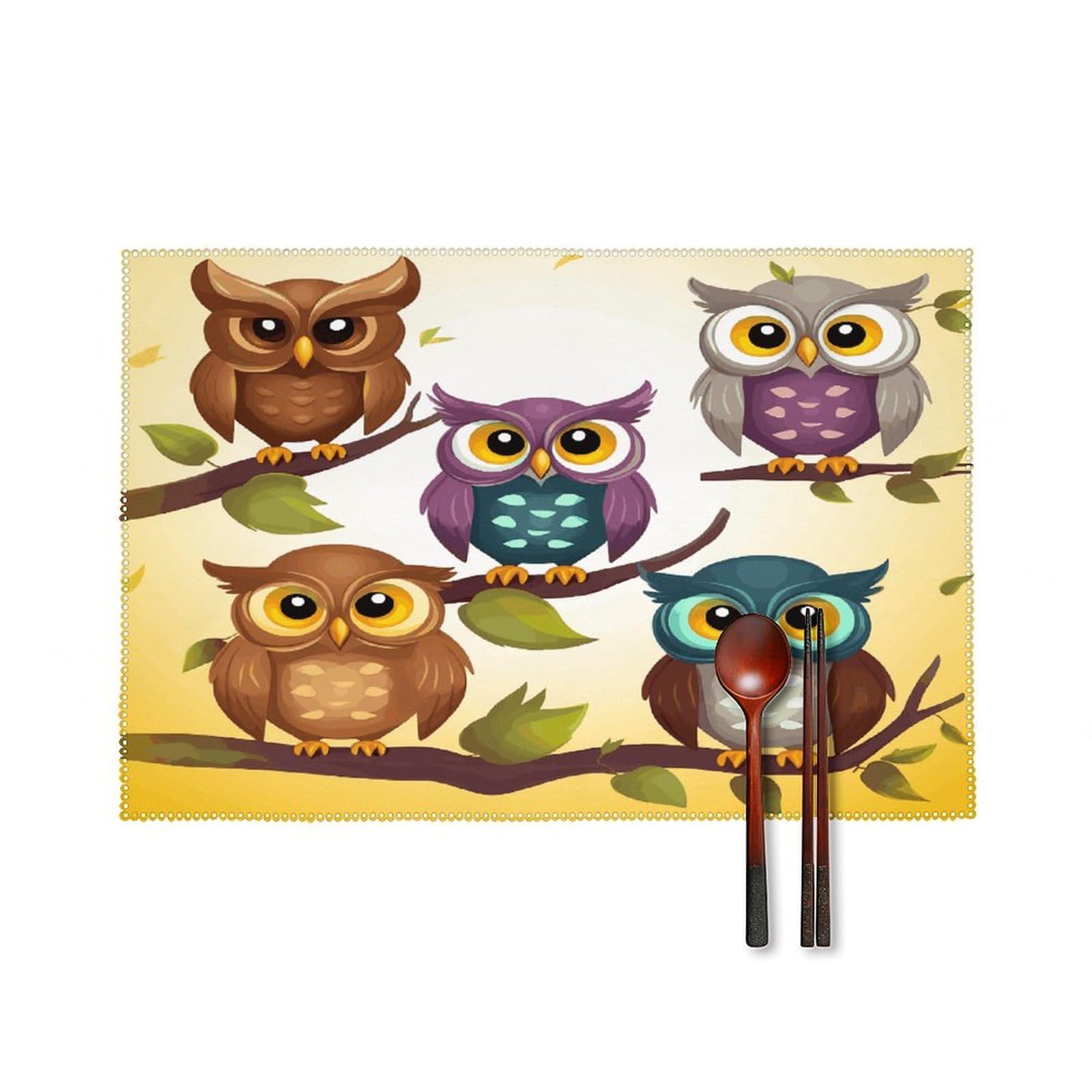 Owls Birds Placemats Set of 4 Heat Resistant Non-Slip Place Mats Reusable Dining Table Mats Canvas Place Mat Anti-Fading Waterproof Placemats for Dining Table Decor