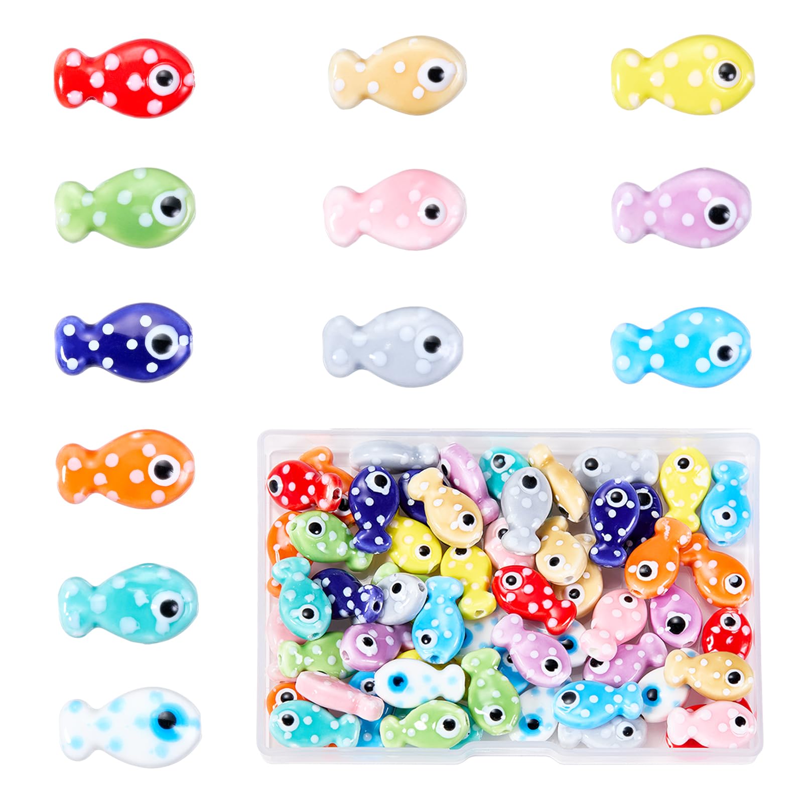 WEWAYSMILE 24Pcs Ceramic Fish Beads for Jewelry Making Cute Porcelain Beads Spotted Ocean Animal Bead for Bracelets Handmade Bright Color Glazed DIY Necklace Earrings Lanyards Jewelry