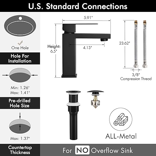 Miniatura 5 de KES Black Bathroom Faucet & Bathroom Sink Drain Without Overflow, Single Handle Type Faucet with Pop Up Drain Stopper Stainless Steel Matte Black,