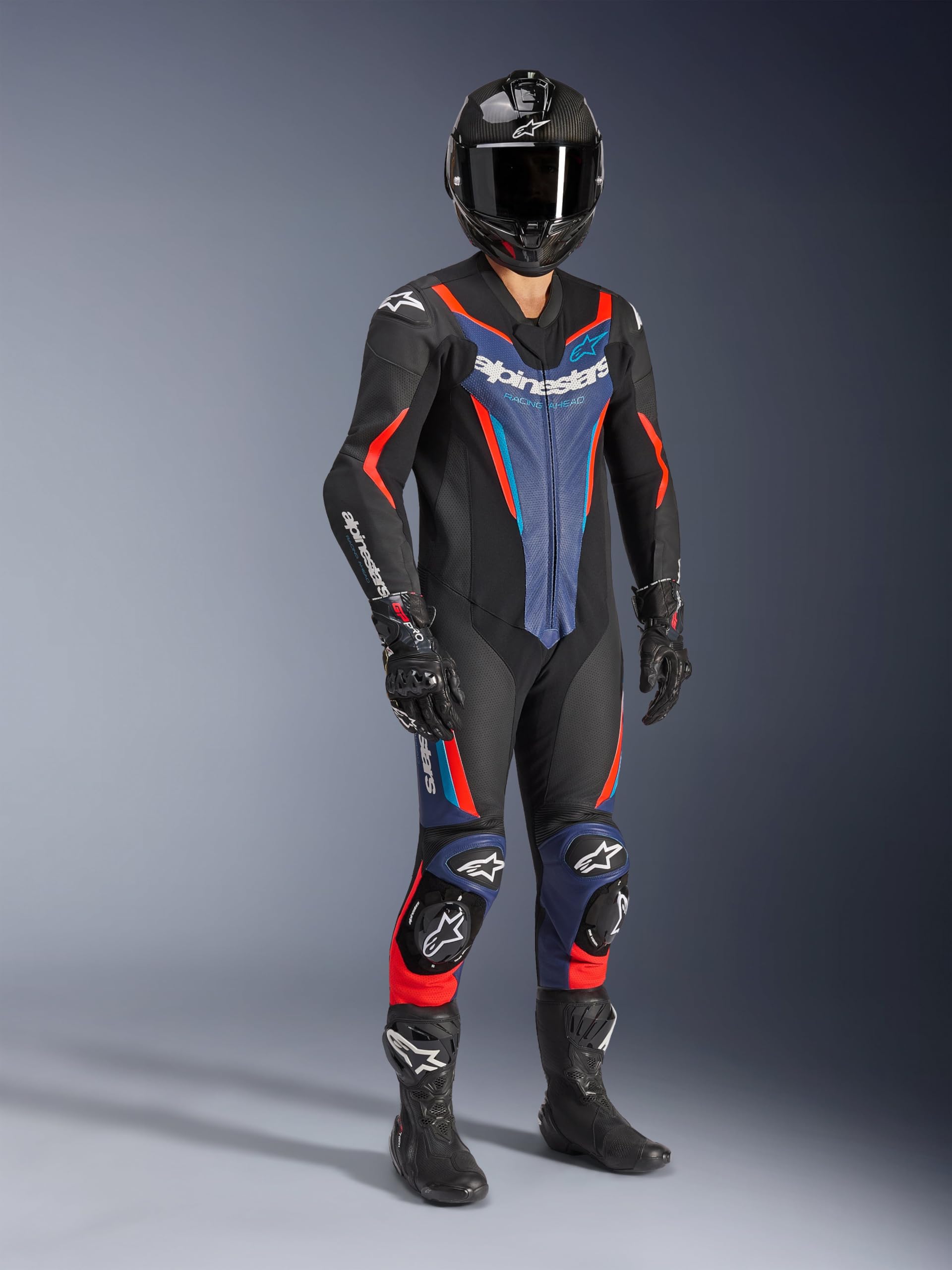 Alpinestars GP Force V2 Tuta in pelle da motociclista in un pezzo, nero/blu/rosso, 52