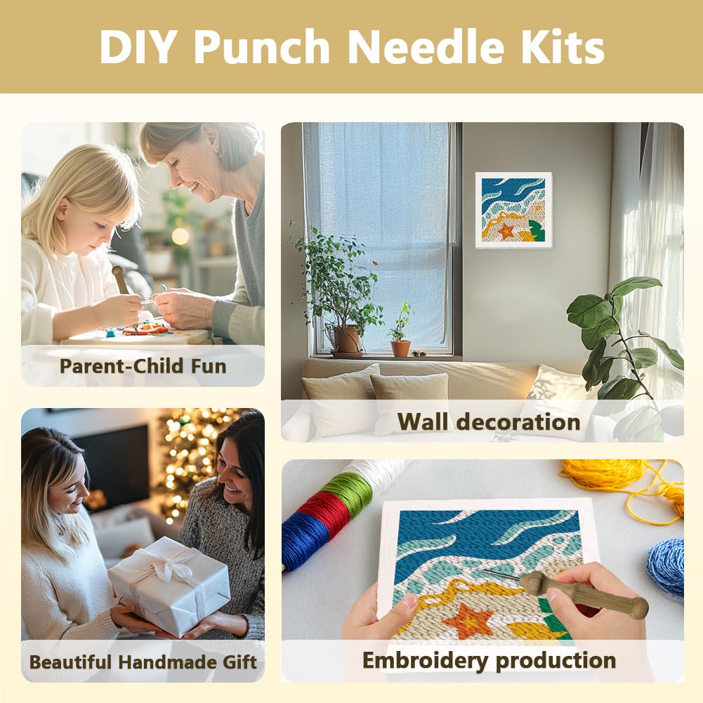 DOODLREAM Beach DIY Punch Needle Embroidery Kit for Adult Beginner 24cm Summer Sea Wave Punch Stitching Craft Set for Starter with Frame Fabric Pattern - Image 4