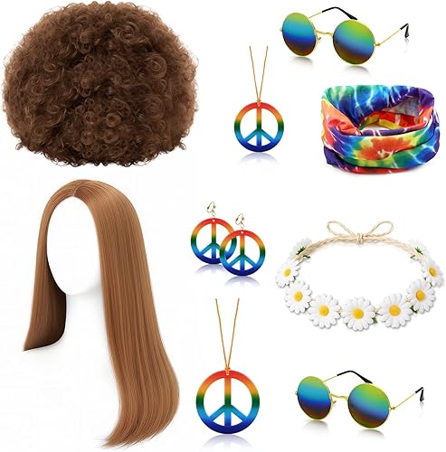 Norme Juego de 9 accesorios de disfraz hippie de teñido anudado, bandana arcoíris con signo de paz, aretes, collar, lentes de sol, diadema de