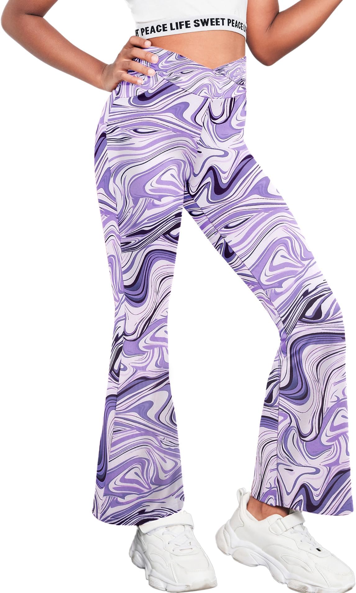 Zaclotre Girls Flare Leggings High Waisted V Crossover Casual Yoga Bell Bottoms with Pockets Pants for Kid