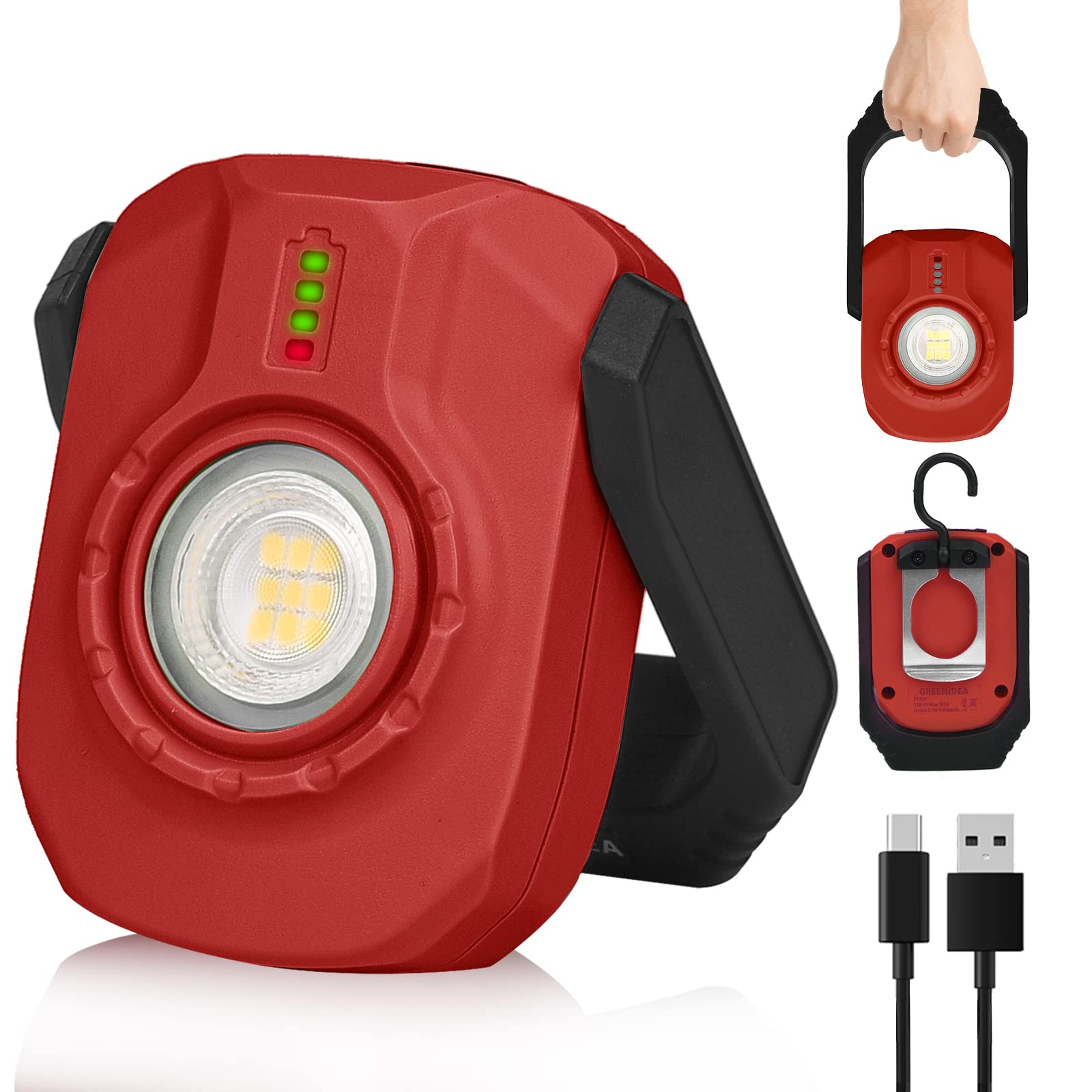 Greenidea LED Work Light Rechargeable, Portable Flood Light with Magnetic Base &360° Rotation Stand, Inspection Light for Camping Car Repairing Emergency and Job Site Lighting with SOS Modes.