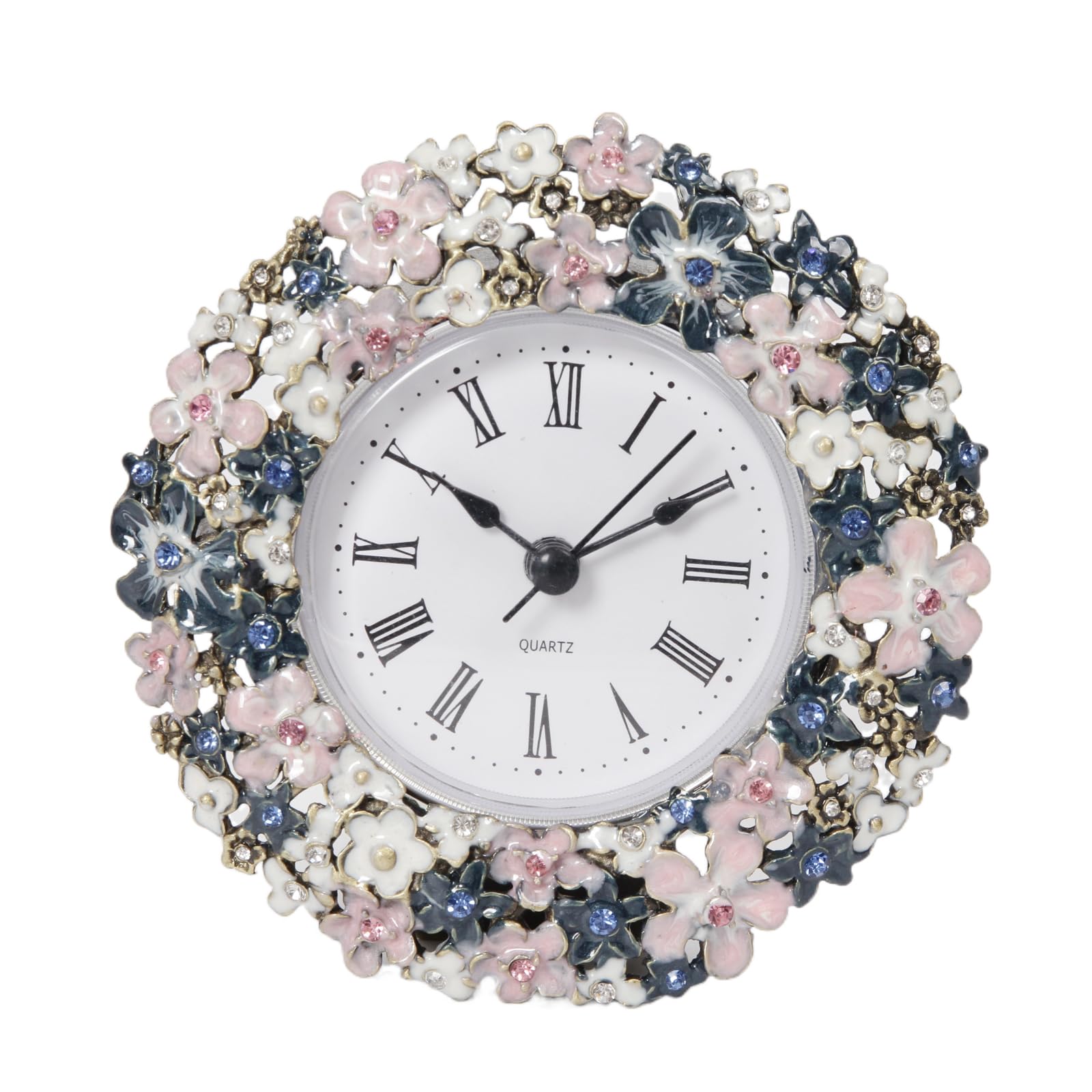 thewense Small Table Clock, 10.5 cm Diameter, Decorative Floral Metal Vintage Desk Clock, Ideal for Desk, Shelf, Tabletop and Bedside for home decorations