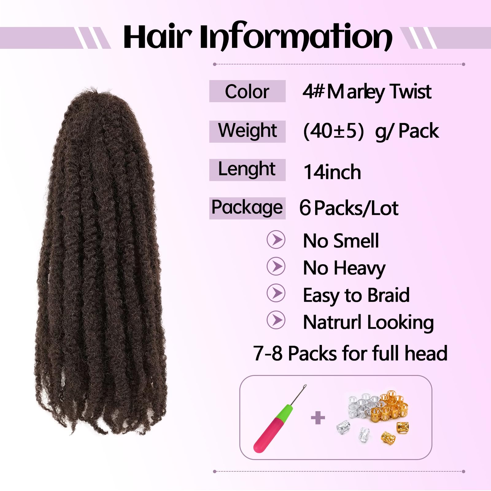 Auxemuen Marley Twist Braiding Hair 6Packs Marley Twist Hairs Long Cuban Hair Marleys Afro Kinky Curly Twists Faux Locs Crochet Synthetic Crochet Braids Hair Extensions (4# - Image 2