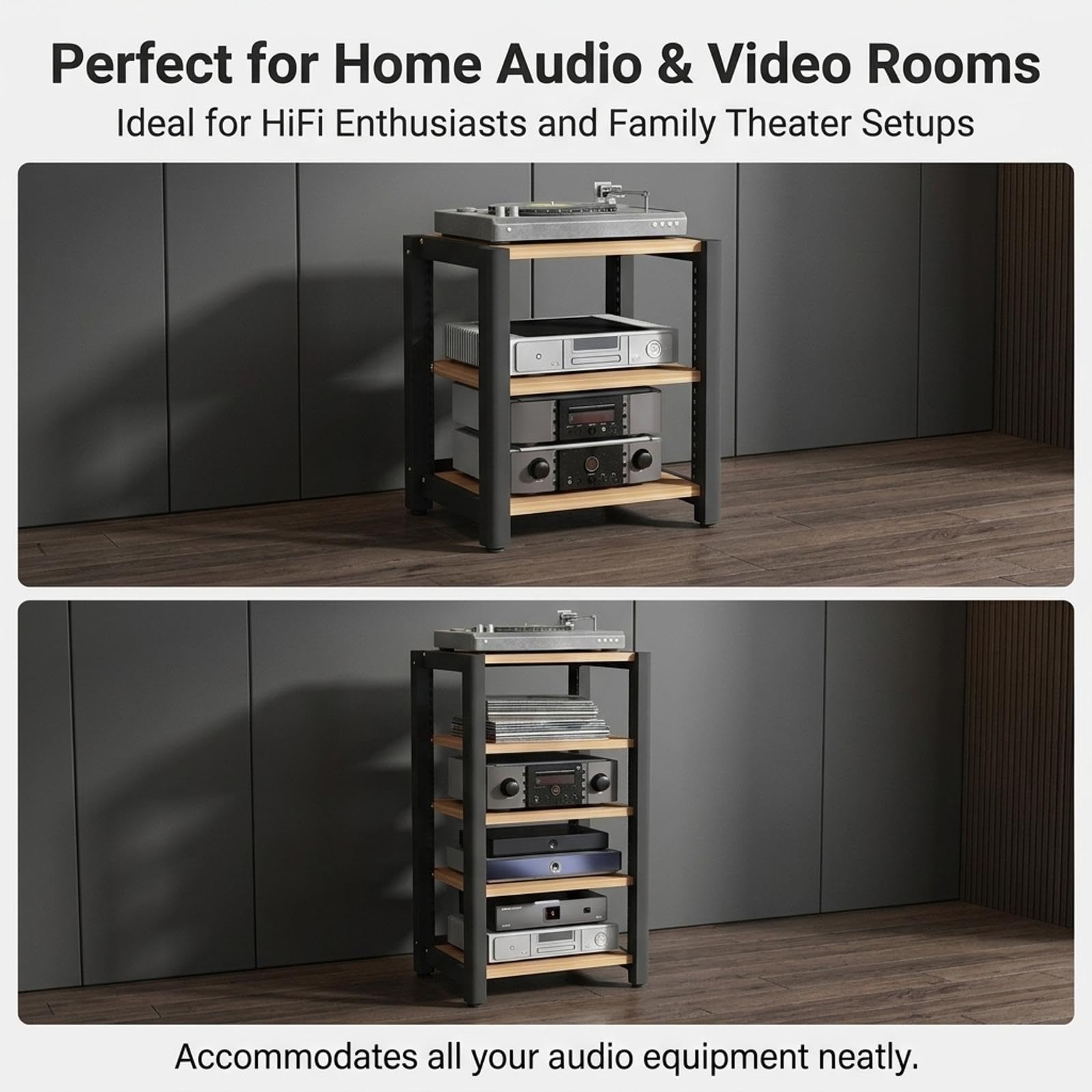 HiFi Rack mit Rädern, Hifi Regal aus Holz & Stahl, Verstellbaren Ablagen
