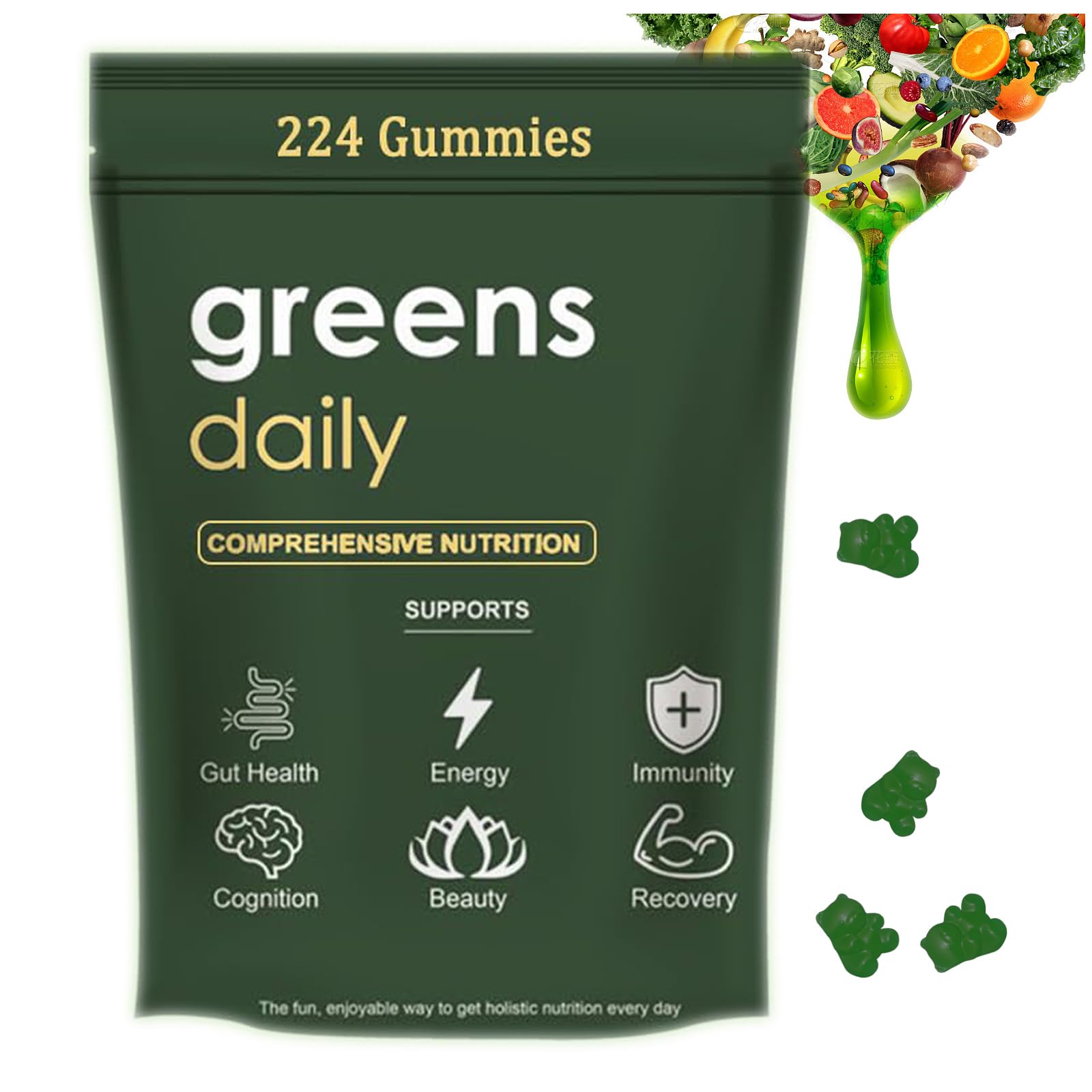 Daily Greens, Superfood Green Gummies Packets - Digestive & Gut Health, Chlorella and Spirulina Supplement with 20+ Organic Prebiotics Fiber Vitamins & Minerals - 224 Low Sugar Gummy
