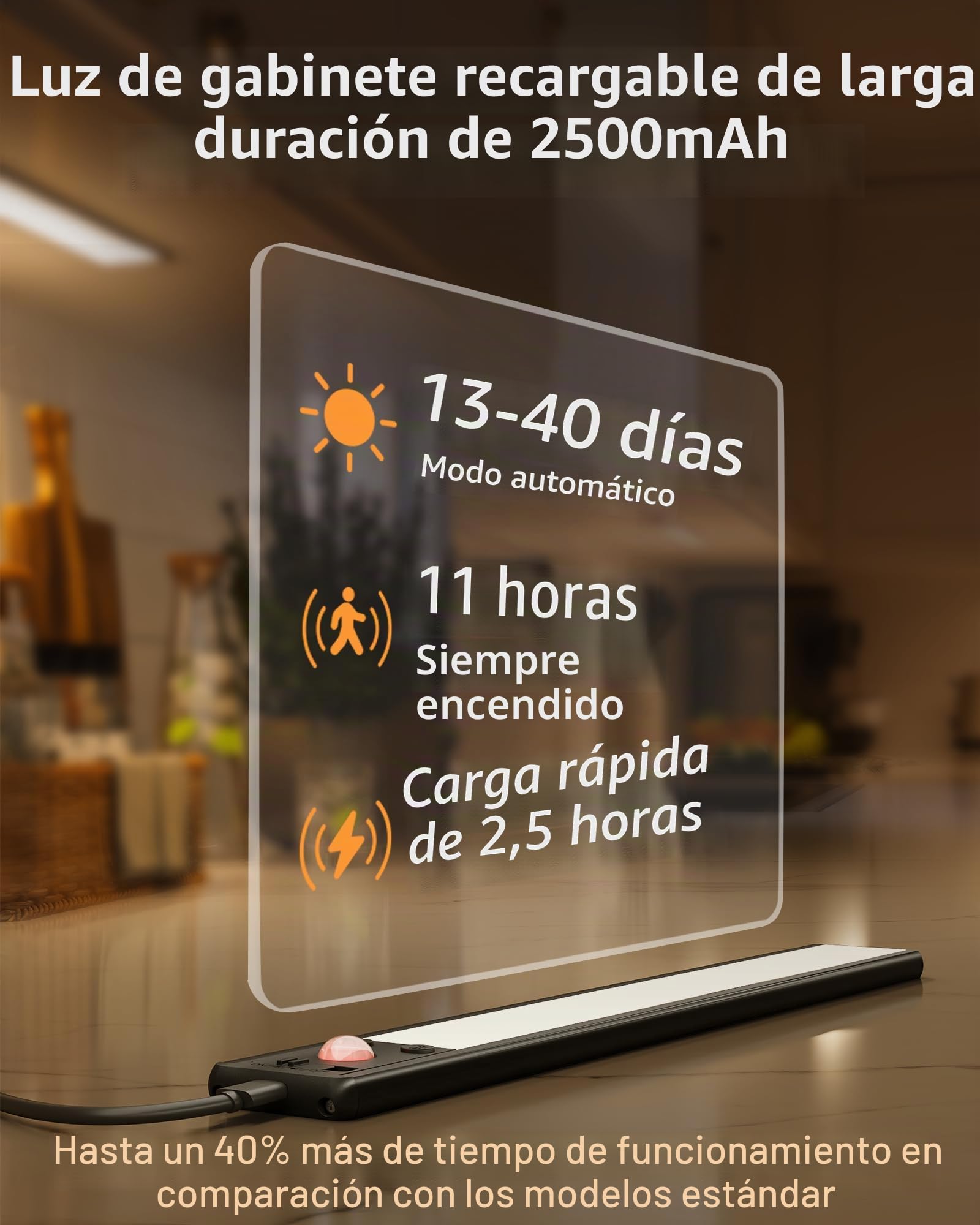 EZVALO 25 cm (2 Piezas) Luz LED para Armario con Sensor de Movimiento, 3 Temperaturas de Color, 1900 mAh Recargable, Luces LED Magnéticas para Bajo Mueble de Cocina, Dormitorio y Pasillo (Negro)