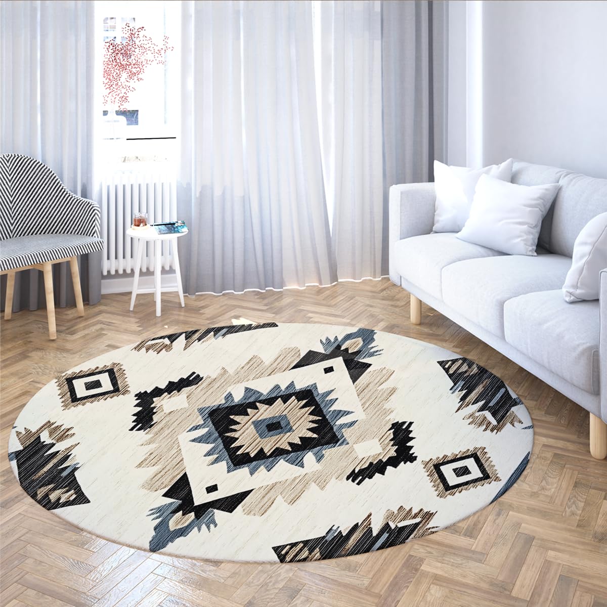 Dywany okrągłe Native Southwest Geometric Ivory Washable Carpet Flanela Short Hair Base Non-slip Folding Rug Salon Sypialnia Salon 200cm