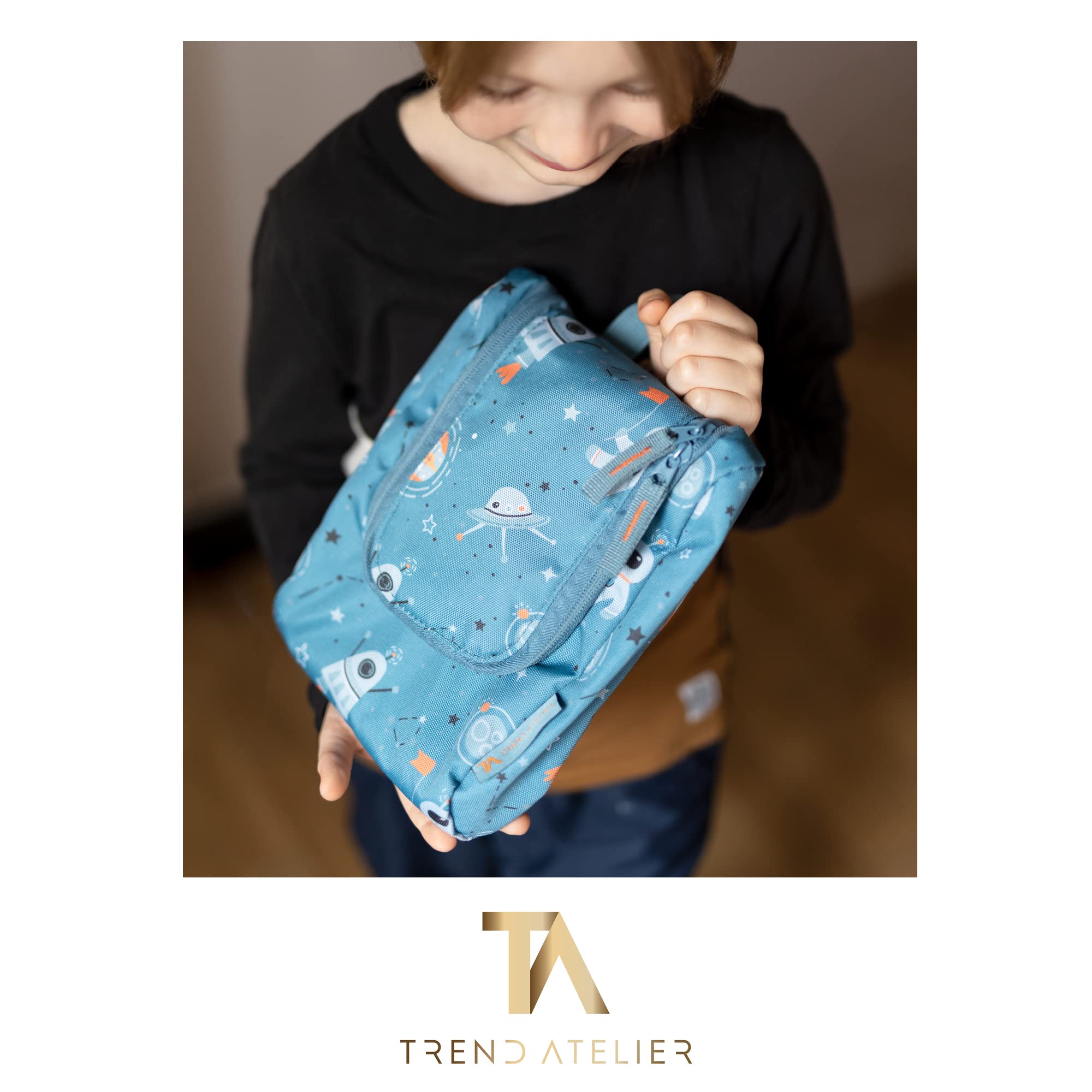 Beauty case bambini poliestere riciclato borsa da bagno sostenibile idrorepellente appendere Spazio Blu