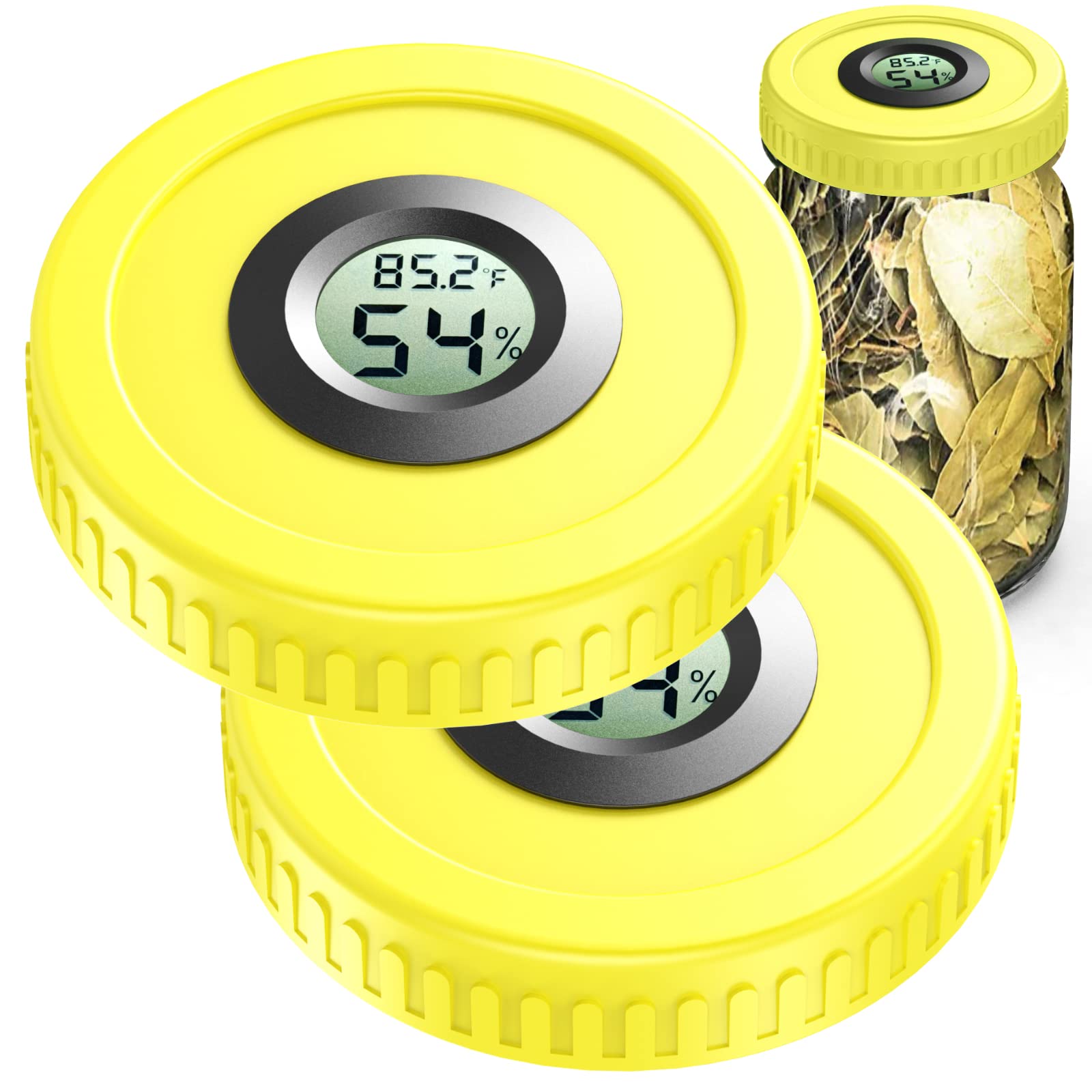 Zhanxubio Yellow Airtight Mason Jar Lids Built-In Stash Hygrometer Herb Curing Monitor Fits All Wide Mouth/Regular Mouth Mason Jars Humidity Lid 2Pcs (86Mm, )