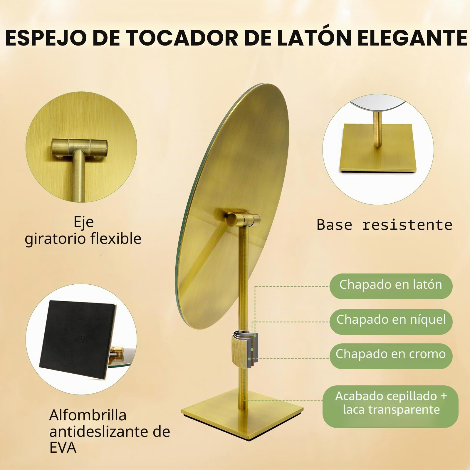 Nicesail Espejo de Mesa Dorado Oval Espejo Maquillaje de Alta Gama Latón 360° Giratorio Espejo Tocador Unilateral para Baños,Hoteles,Joyerías,18 * 30cm