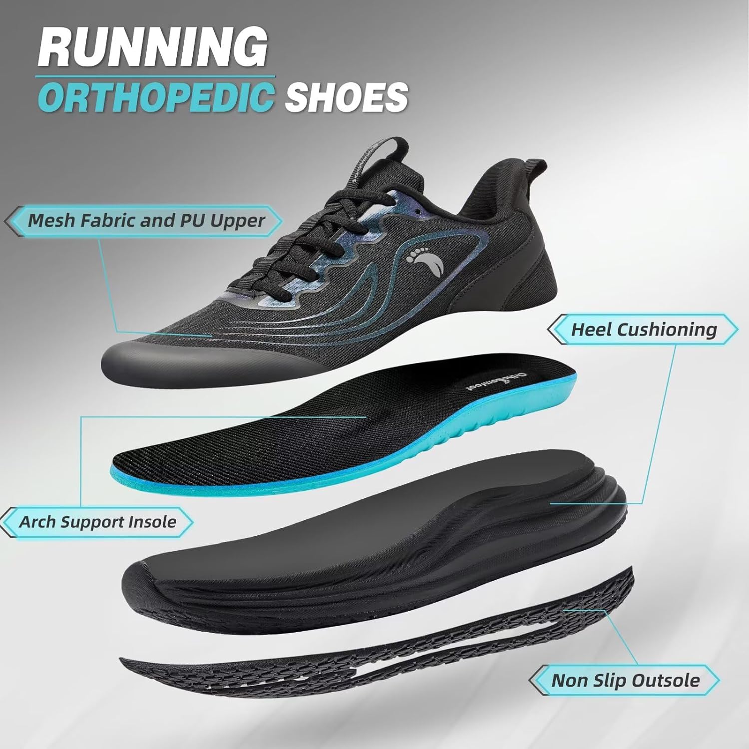 Men's Orthopedic Road Running Sneakers: Comfortable Casual Arch Supports Plantar Fasciitis Orthotic Sports Athletic Shoes, Flat Feet High Arch Tennis Work Walking Shoes for Foot Heel and Pain Relief - Image 2