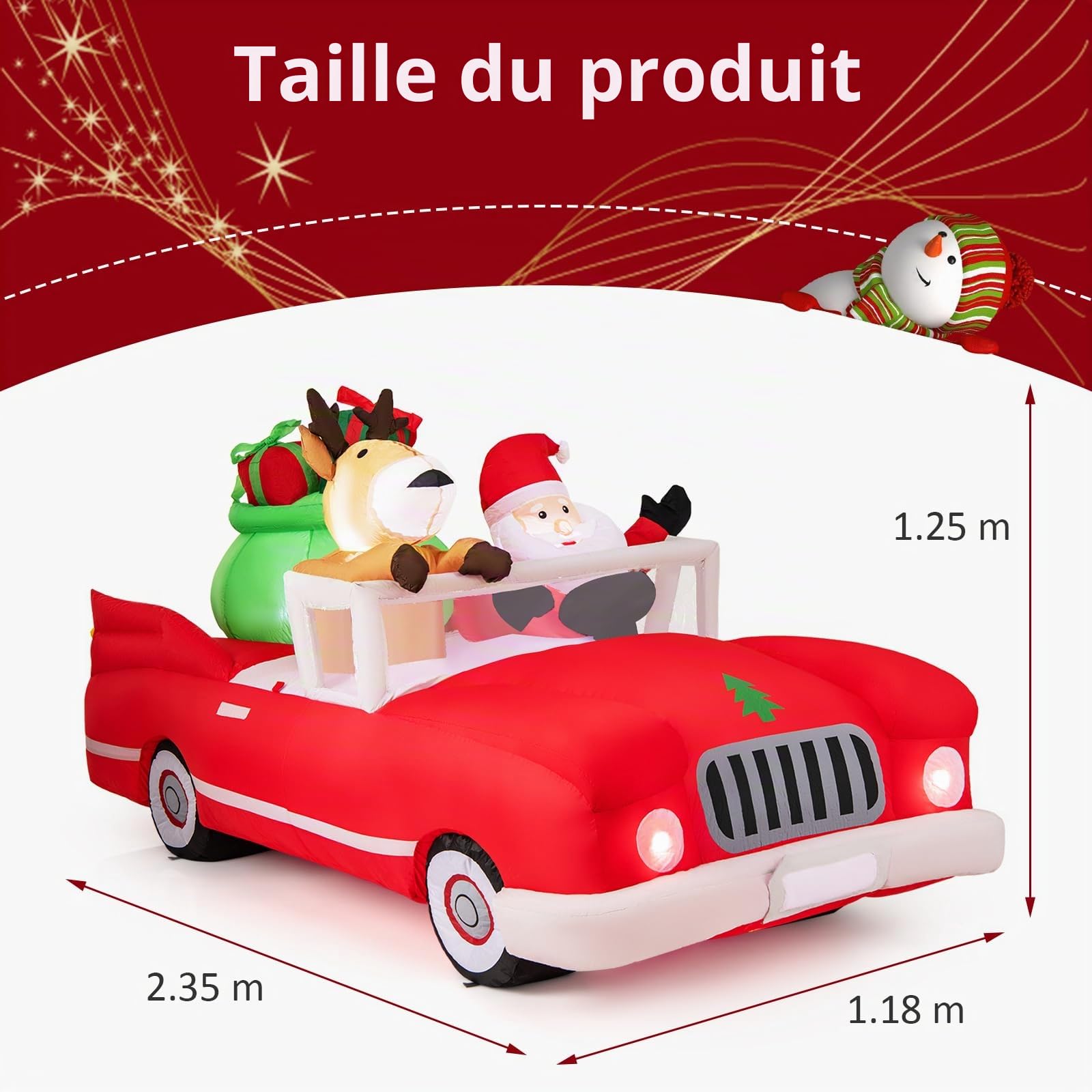 GOPLUS Décoration Noel Exterieur Interieur Gonflable 2,35 m Long, Père Noël Gonflable Lumineux et Renne Noel Conduit Voiture Rouge avec Cadeaux, Décoration Noël Inflable