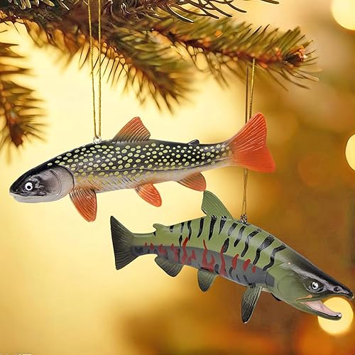 Miniatura 7 de Adorno de árbol de Navidad 3D de trucha y salmón de arroyo de 6 pulgadas, decoración de pesca para espejo retrovisor de automóvil, adorno colgante