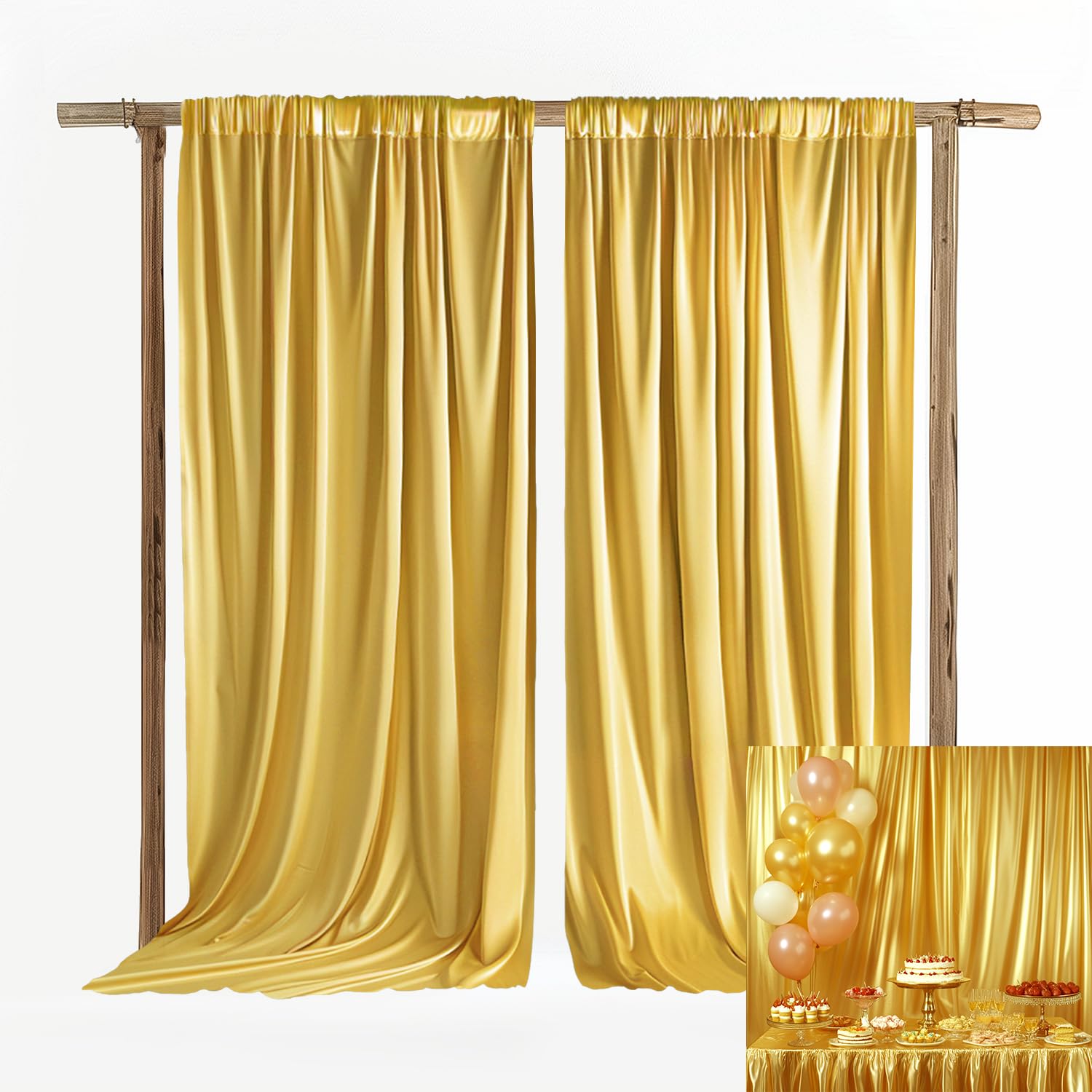 QICAIYUN 10x10ft Wedding Curtains Gold Wedding Backdrop for Ceremony Prom Stage Backdrop Satin Fabric Curtain Drapes Curtains Panels with Rod Pockets