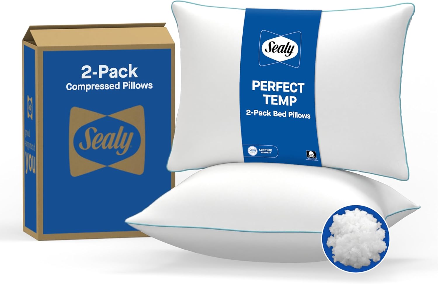 SEALY Perfect Temp Bed Pillows, Plush 100% Cotton Cover, Soft, Breathable, Temperature Balancing, Moisture Wicking, Hypoallergenic EverFluff Fiberfill, Machine Washable, Standard/Queen, White- 2 Pack