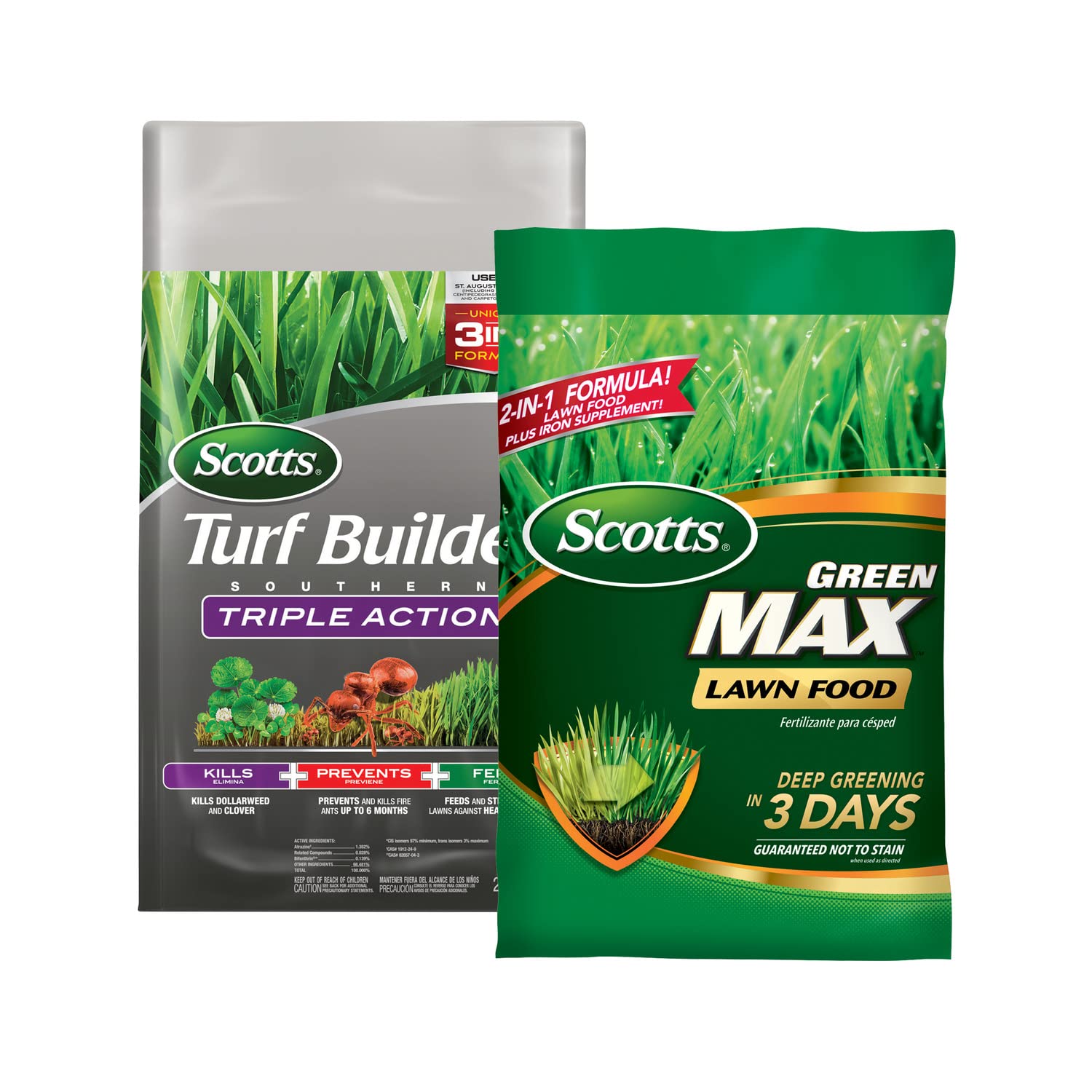 Scotts Turf Builder Triple Action and Scotts Green Max Lawn Food Bundle for Small Southern Lawns