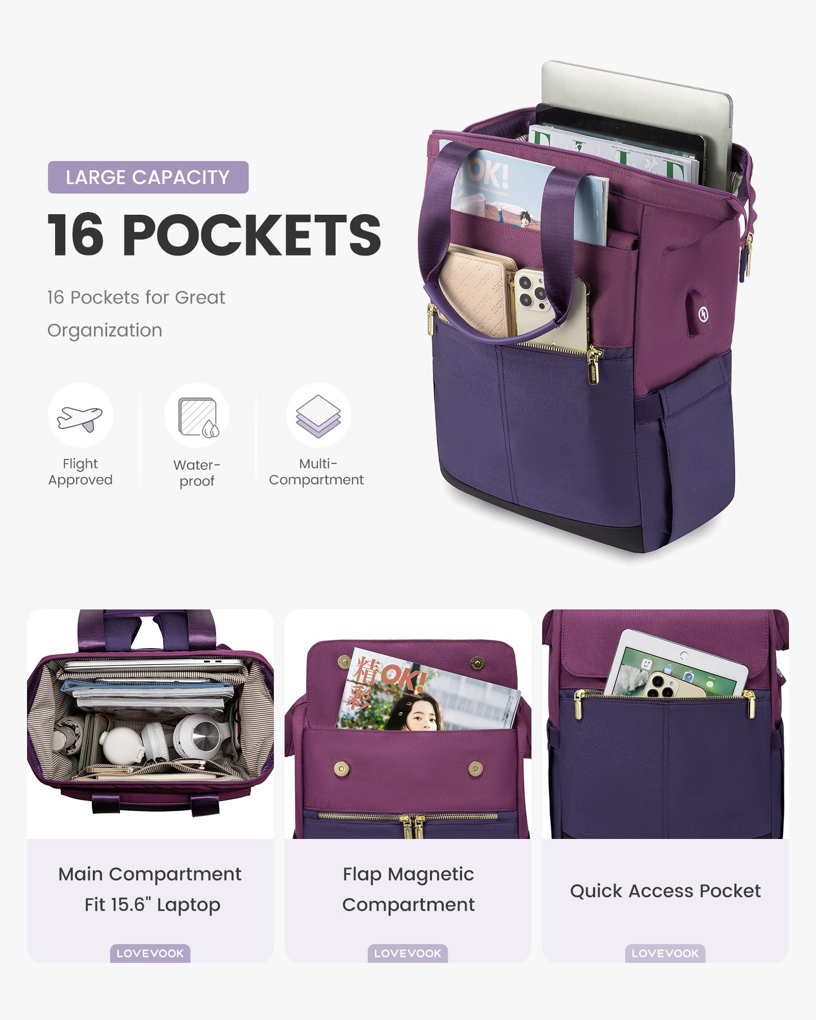 LOVEVOOK Zaino Da Donna Viola, Zaino Da Lavoro Zaino Da Città Moderno, Zaino Scuola Zaino Donna Elegante Zaino Da Giorno Borsa 2 In 1, Borsa Da Lavoro Da 15,6 Pollici Per Università, Viola E Blu
