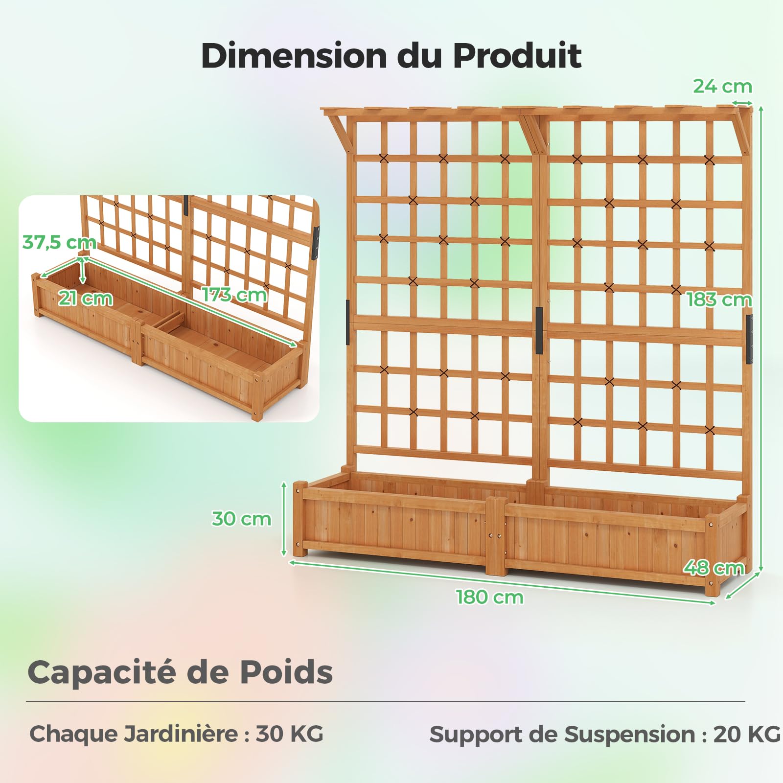 RELAX4LIFE Jardinière Surélevée avec Treillis 183CM, Jardinière sur Pied en Bois avec 4 Trous de Drainage, Conteneur de Plantes Vertical Pourvignes Grimpantes, Naturel