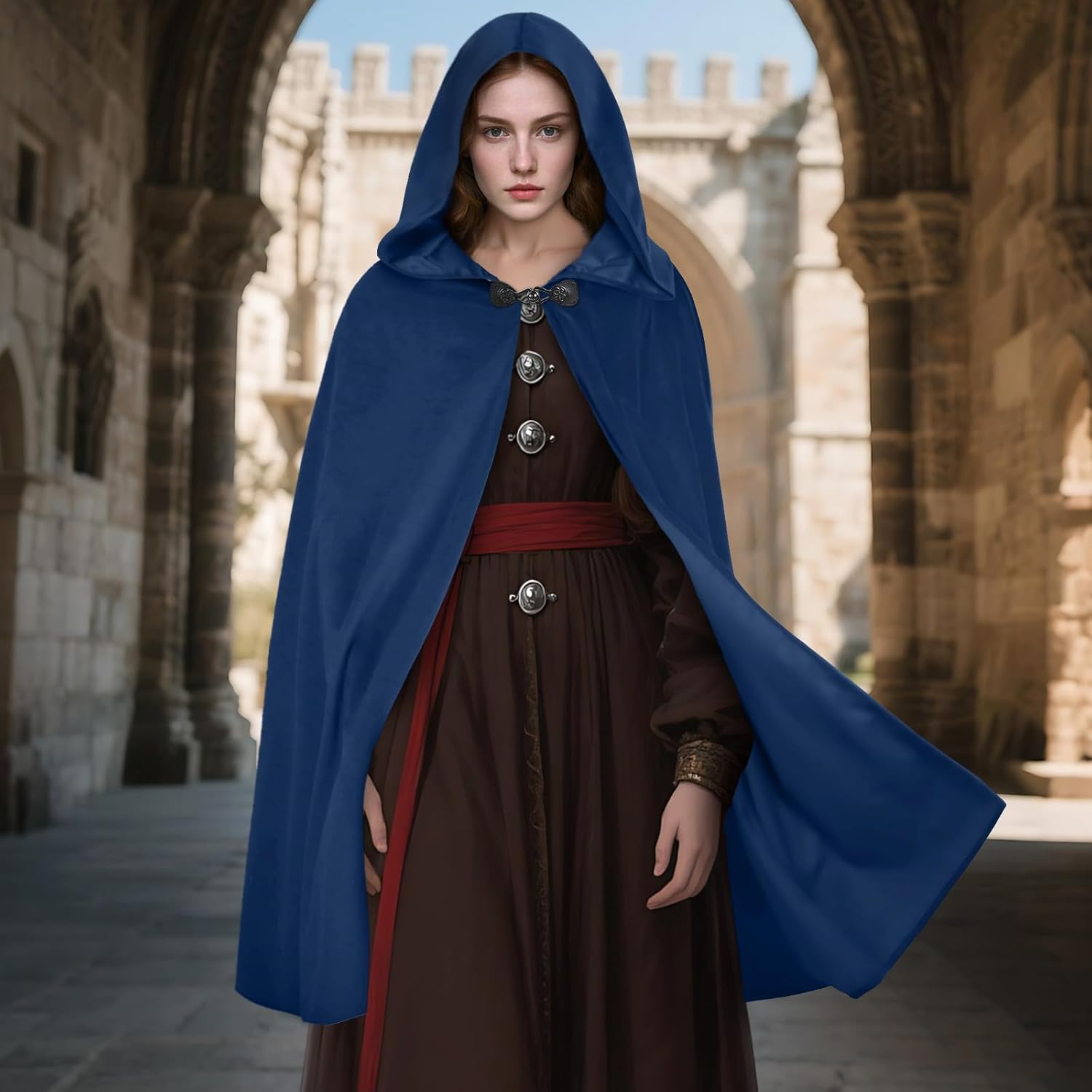 Medieval Velvet Cloak with Hood, Renaissance Hooded Cape Knight Wizard Costume Robe Men Women for Halloween Cosplay - Image 6